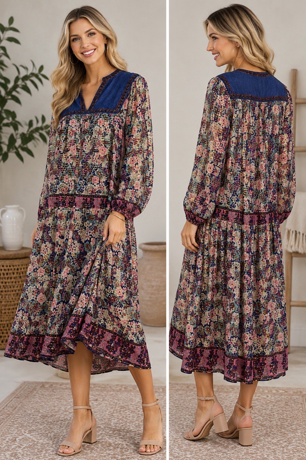 Vintage 70s Indian Cotton Metallic Lurex Gauze Dress Size S Midi Boho Hippie
