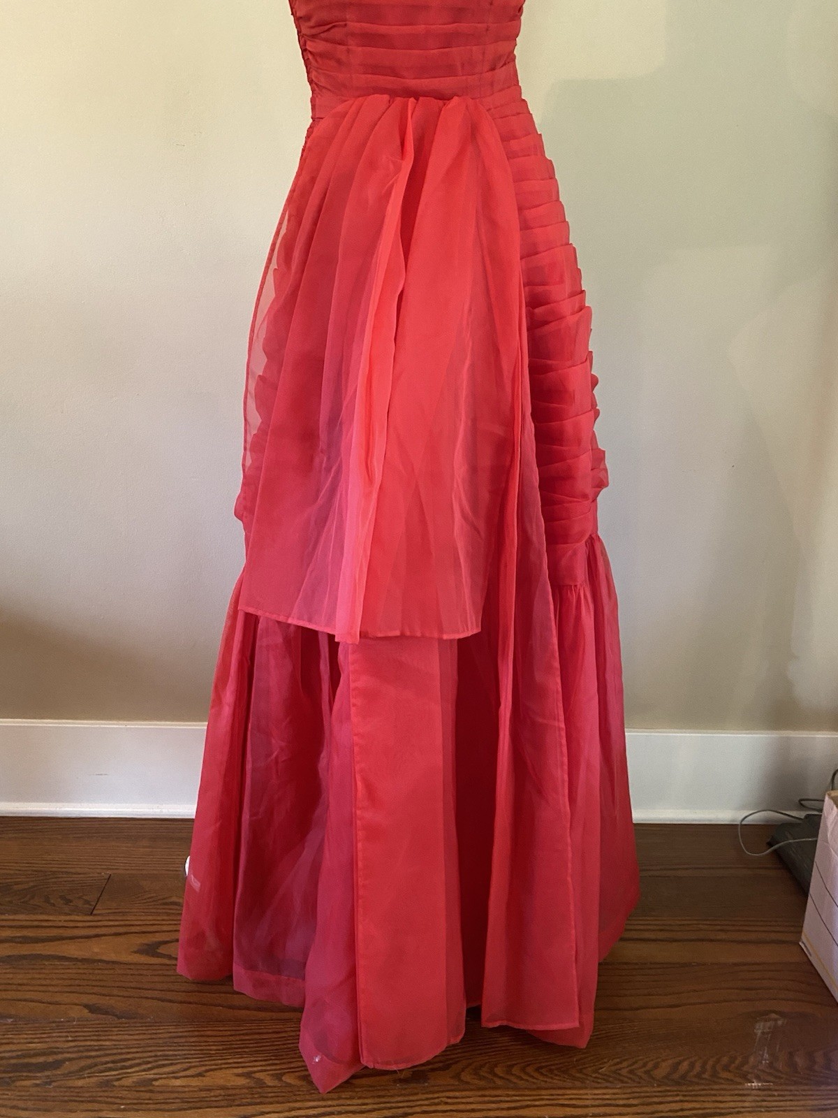 VTG 50s Red Chiffon Strapless Evening Cocktail Prom Gown Dress XS