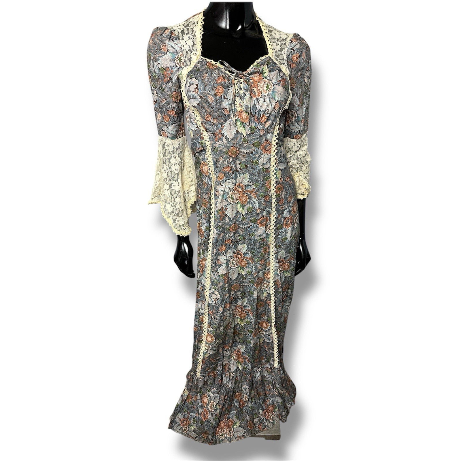 Vtg Prairie Dress Multicolor Floral Sweetheart Neck Macrame Lace 32”B 28”W 57”L