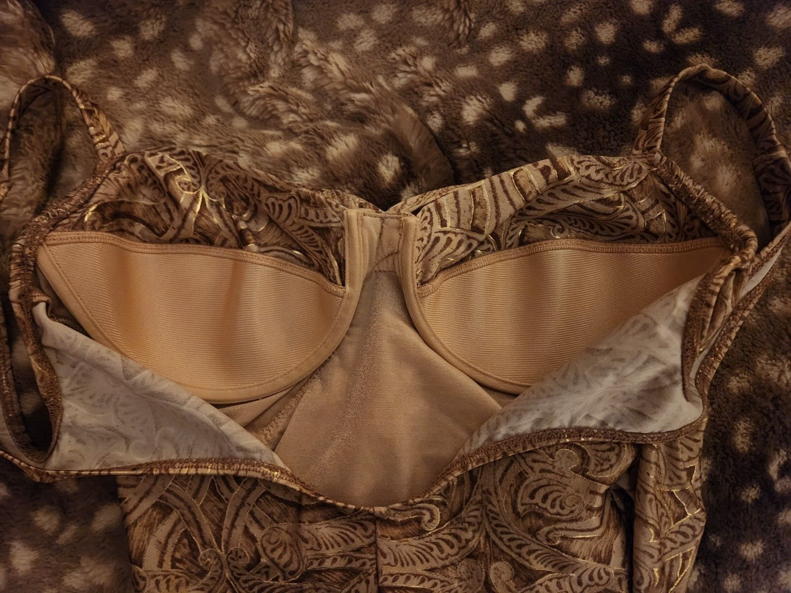 Vtg Gottex Metallic Gold SeaShell Shine Print Ruched PinUP Swimsuit Sz 12 L