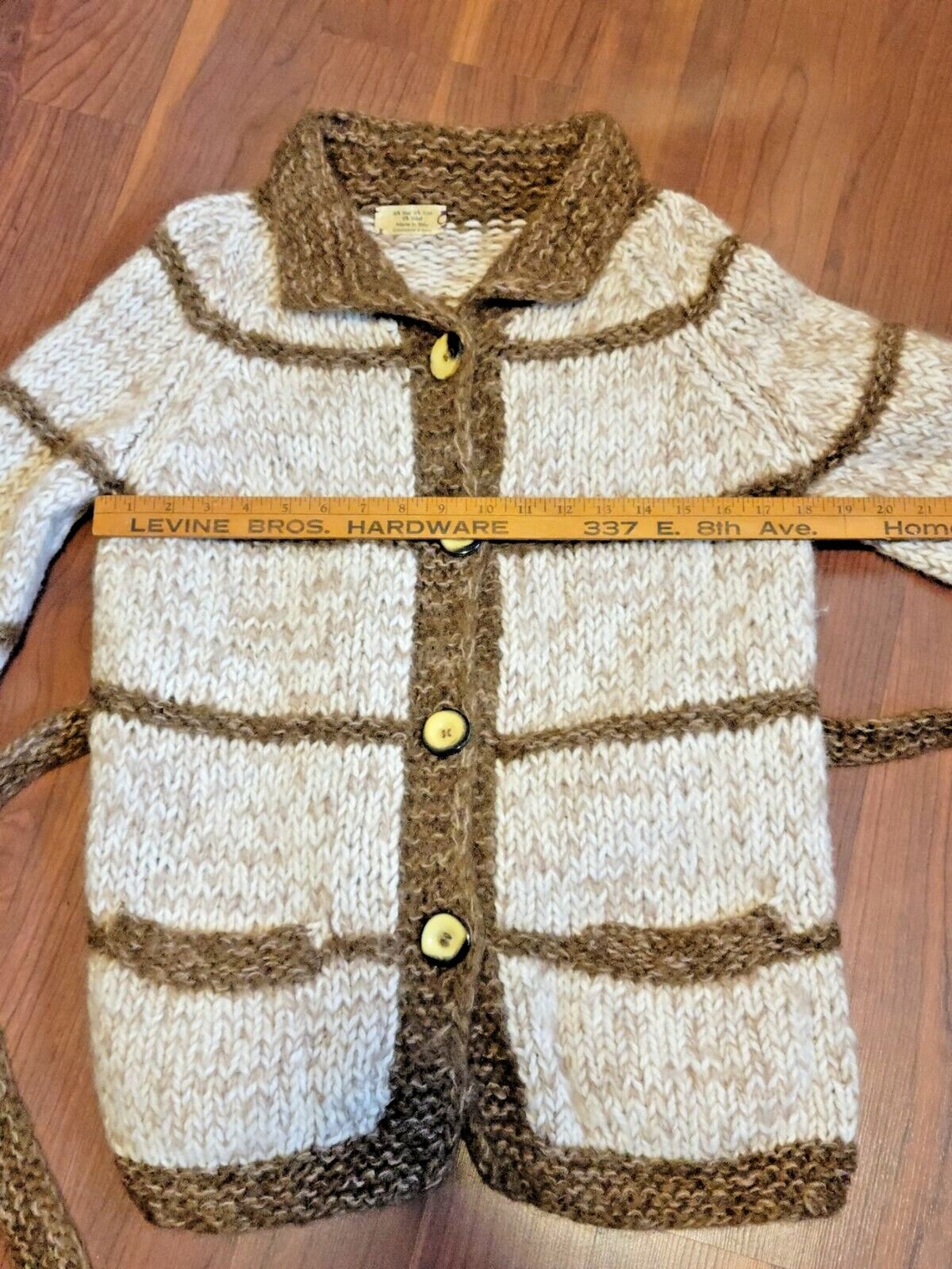 Hand Knitted Italian Wool Mix Shawl Belted Cardigan Brown Cream Vintage 70s Med