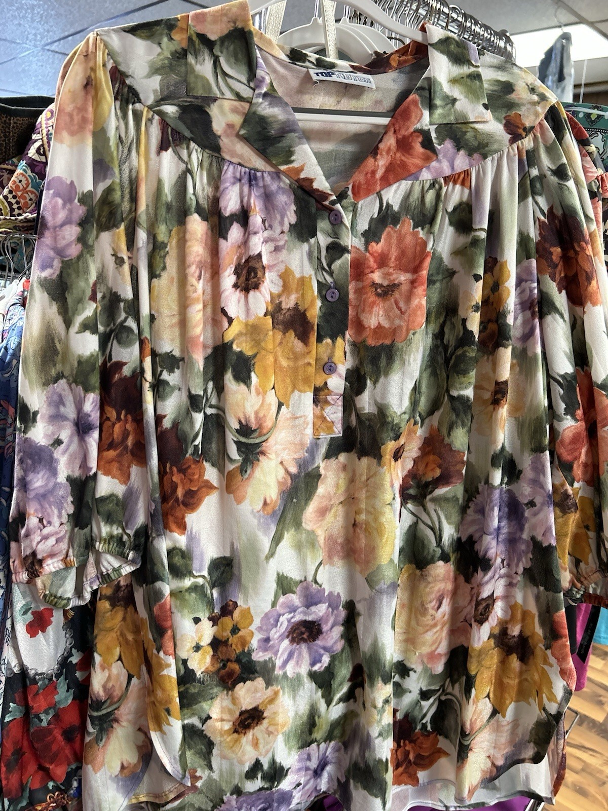 Vintage Women’s Top Notch Floral Blouse Shirt Plus Size 44/24W Smock 3/4 Sleeve