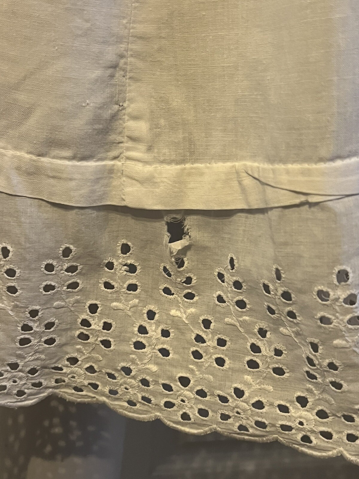 Vintage Antique Handmade White Cotton Slip Nightgown Undergarment Eyelet Hem M