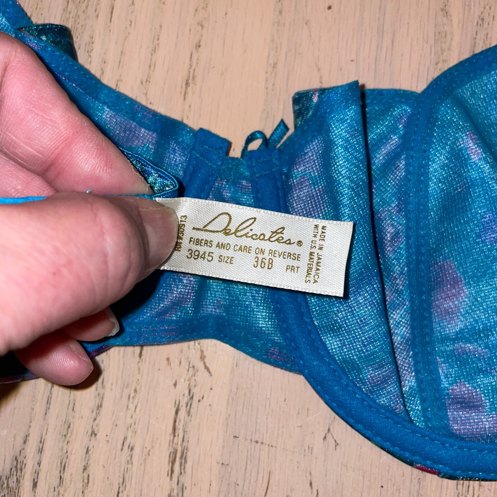 Vtg Delicates Underwire Bra Size 36B Teal Blue Floral Pink Unlined Double Strap