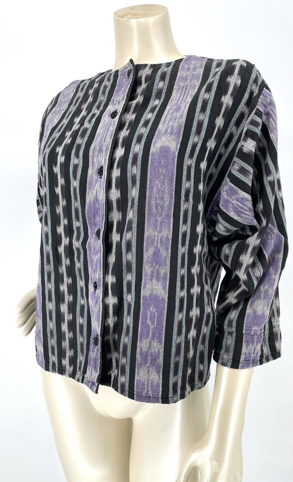 Vintage 80s Ikat Aztec EL HUARACHE Hand Woven Cotten Hippie Boxy Shirt Top med
