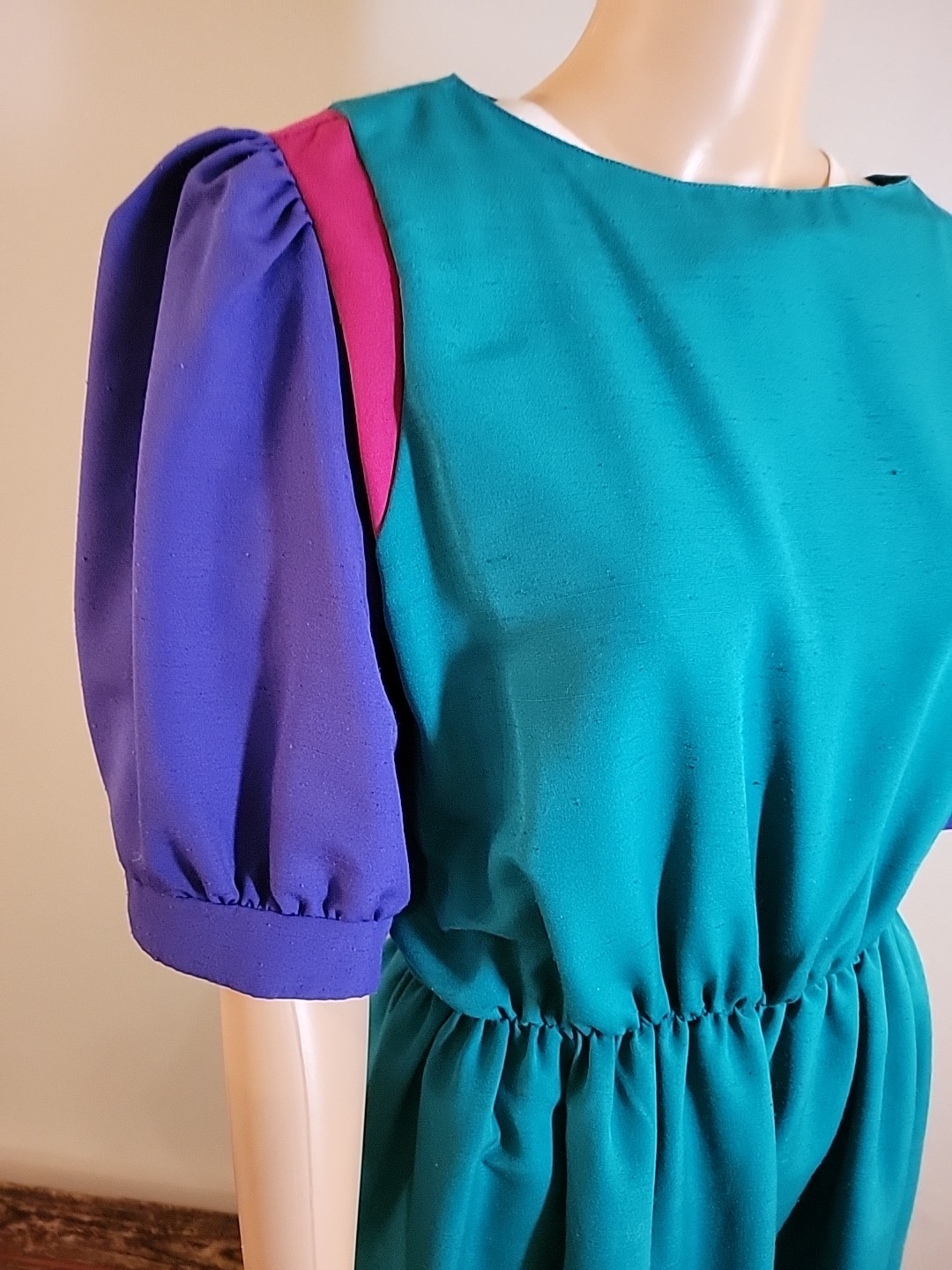 Vtg Lady Carol Colorblock Dress Green Purple Cinched Waist Zip Size M L ***Read
