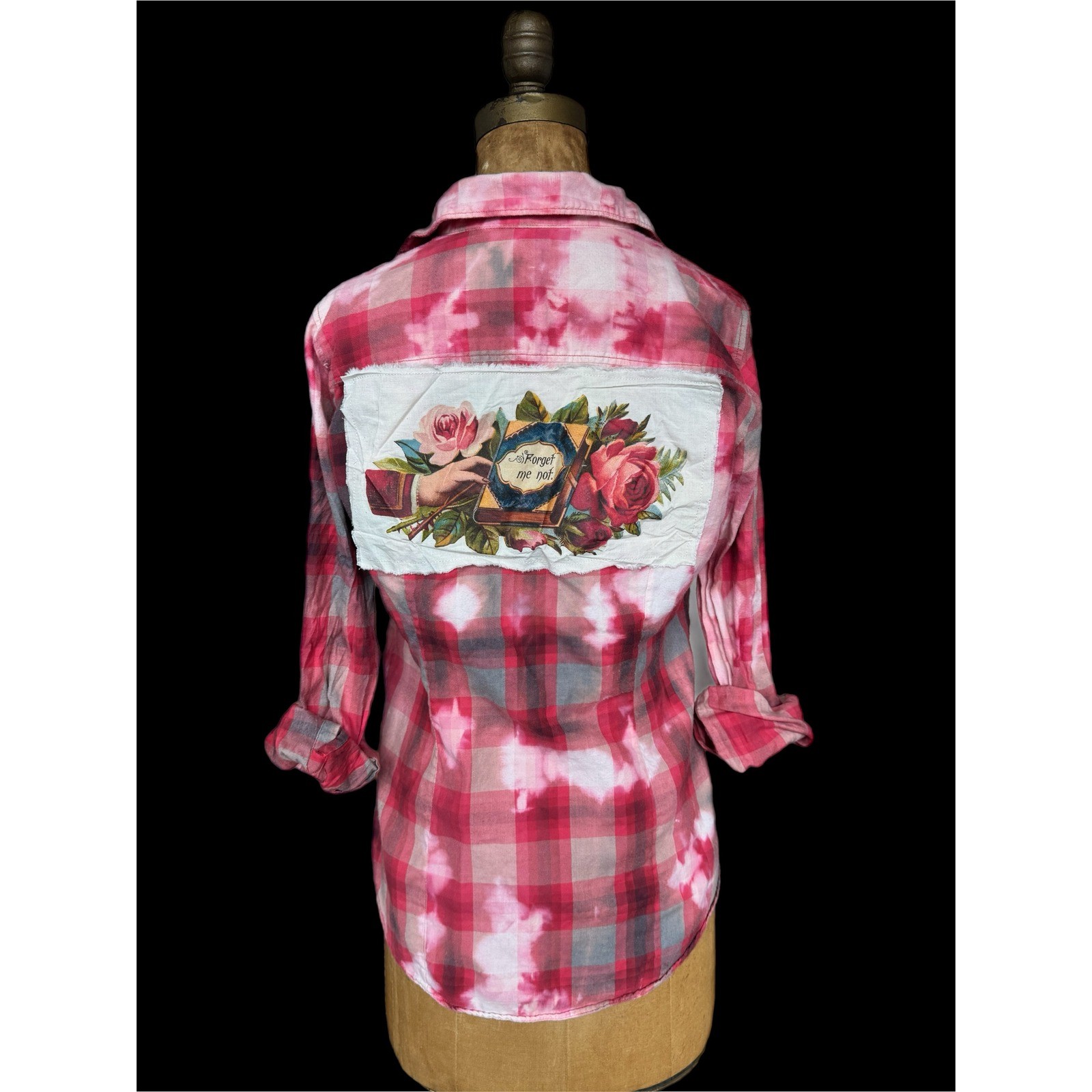 Upcycled J.Crew Pink Red Plaid Shirt Small Vintage Image „Forget Me Not” Back