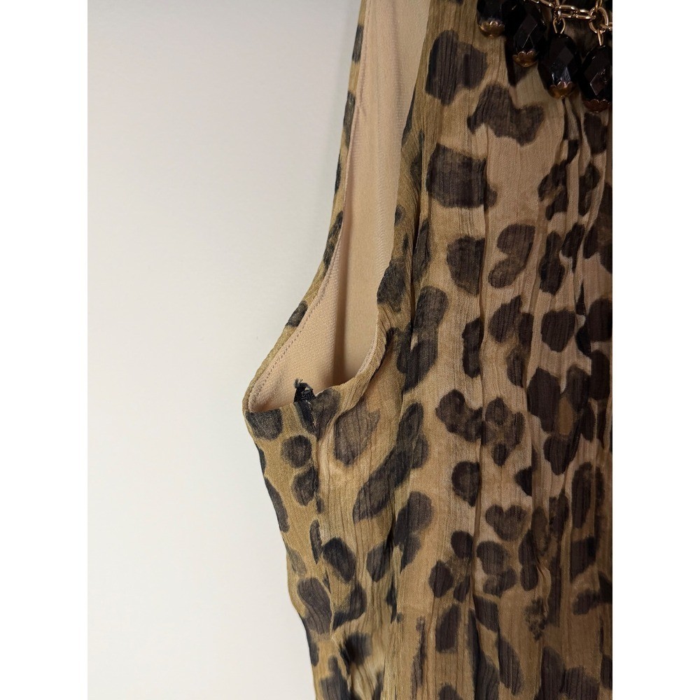 Vintage Cache Leopard Print Halter Top Beaded Bib Neck Smocked Blouse XS