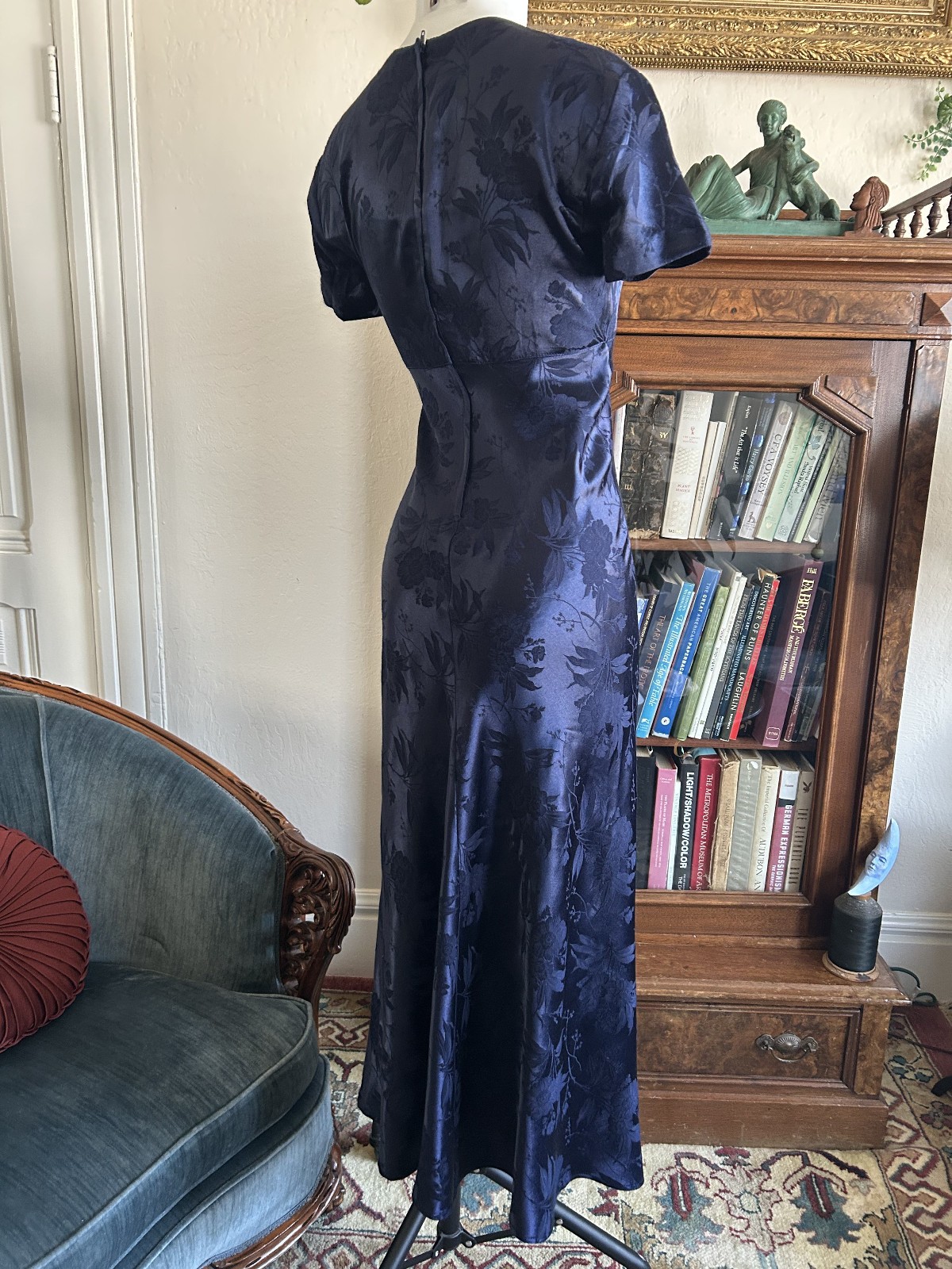Vintage 1990s Deep Blue Satin Floral Maxi Dress Square Neck Bias Cut S 5/6 Y2K