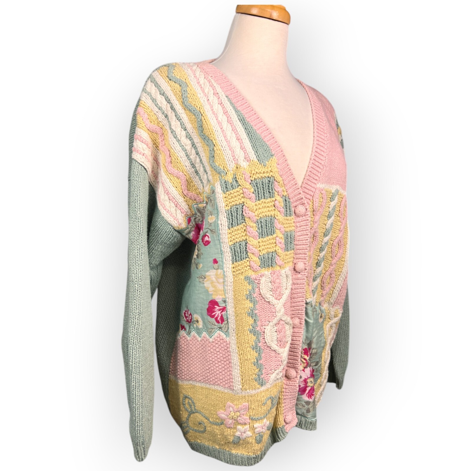 Cervelle Women Patchwork Sweater Cable Knit Large Embroidered Grannycore Vintage