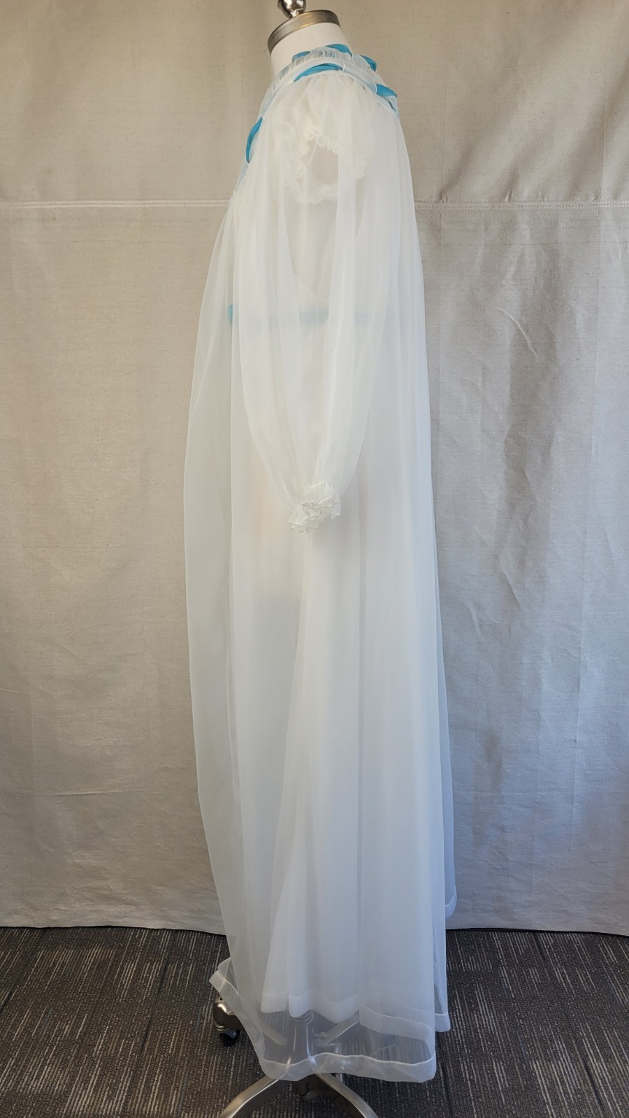 1960s exquisite sheer long white peignoir set with shirring & turquoise accents