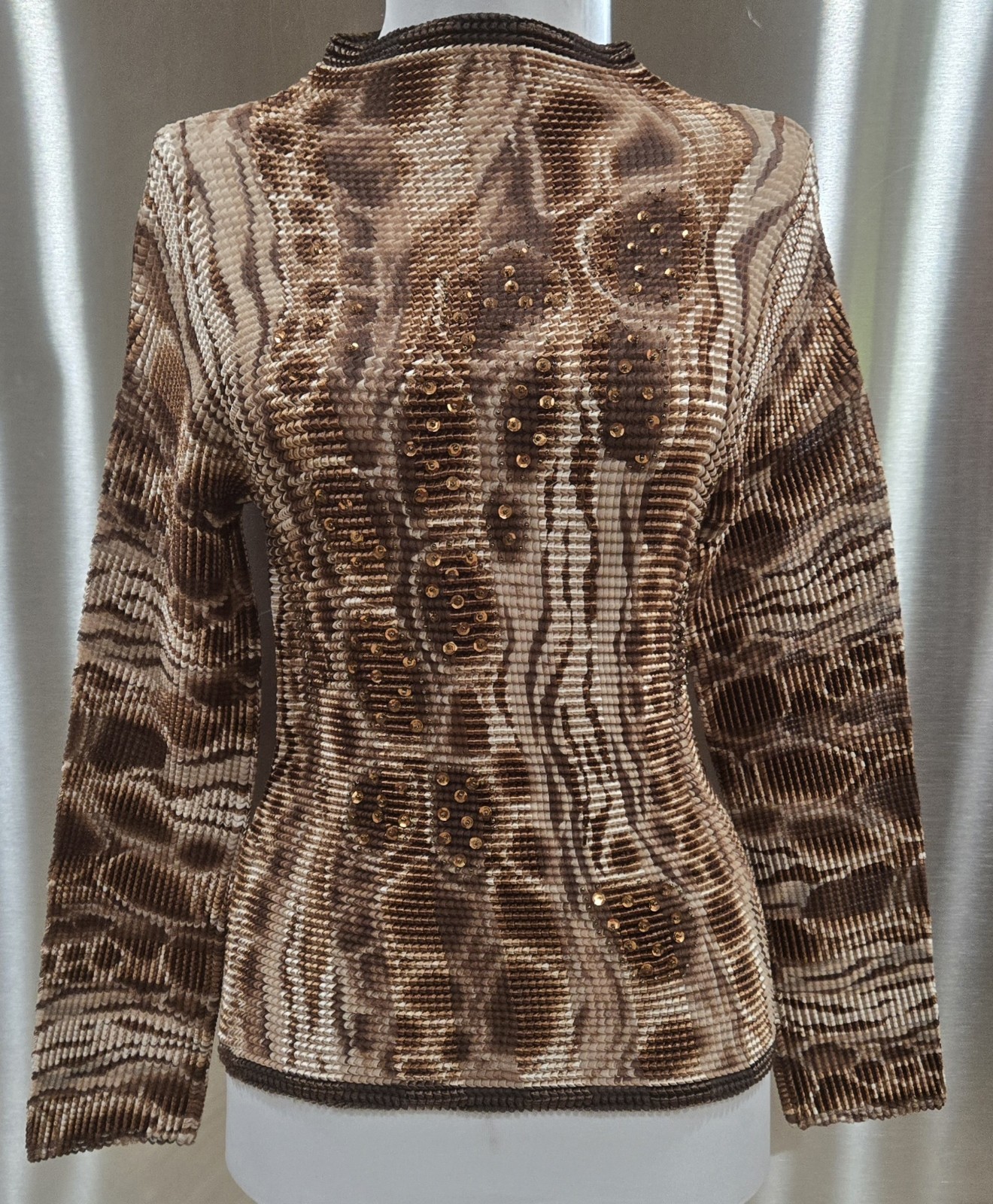 1990s Copper Sequined Earthtone Abstract Animal Print Crinkle Pleated Top S-XL