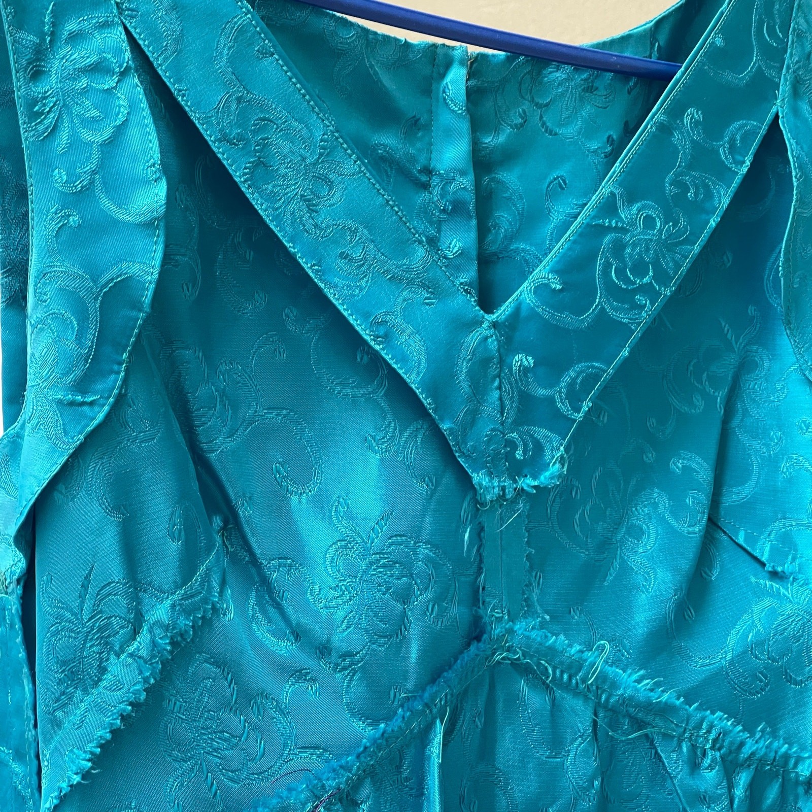 1960’s Empire Waist Teal Blue Chinese Floral Brocade Sleeveless Dress With Bows