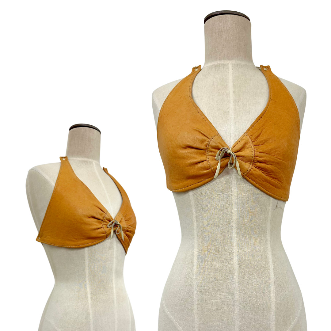 Vintage 1970s Orange Leather Woodstock Hippie Bra Top