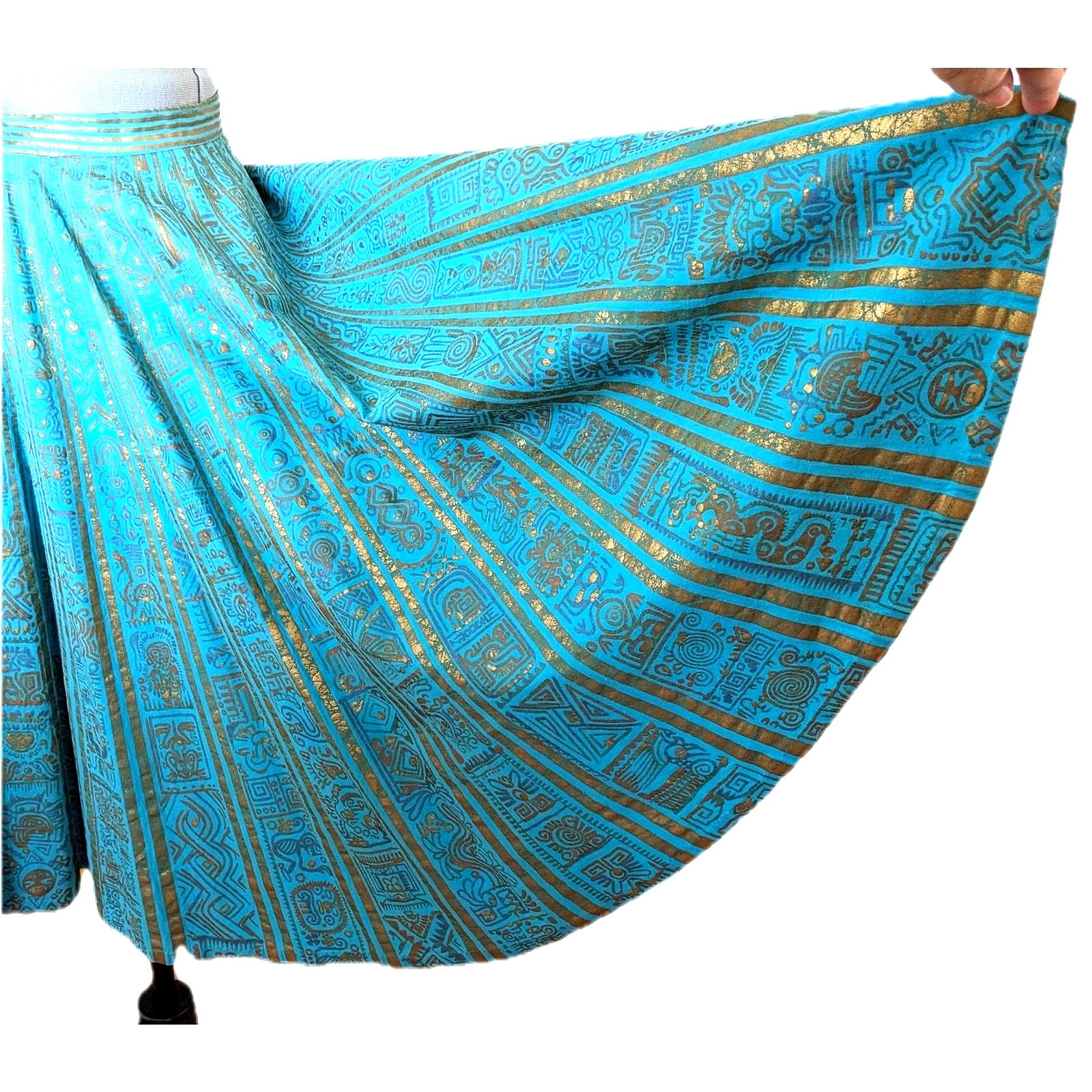 1950s MAYA de MEXICO Mayan Hieroglyph Hand Painted Aqua/Gold Circle Skirt sz. XS