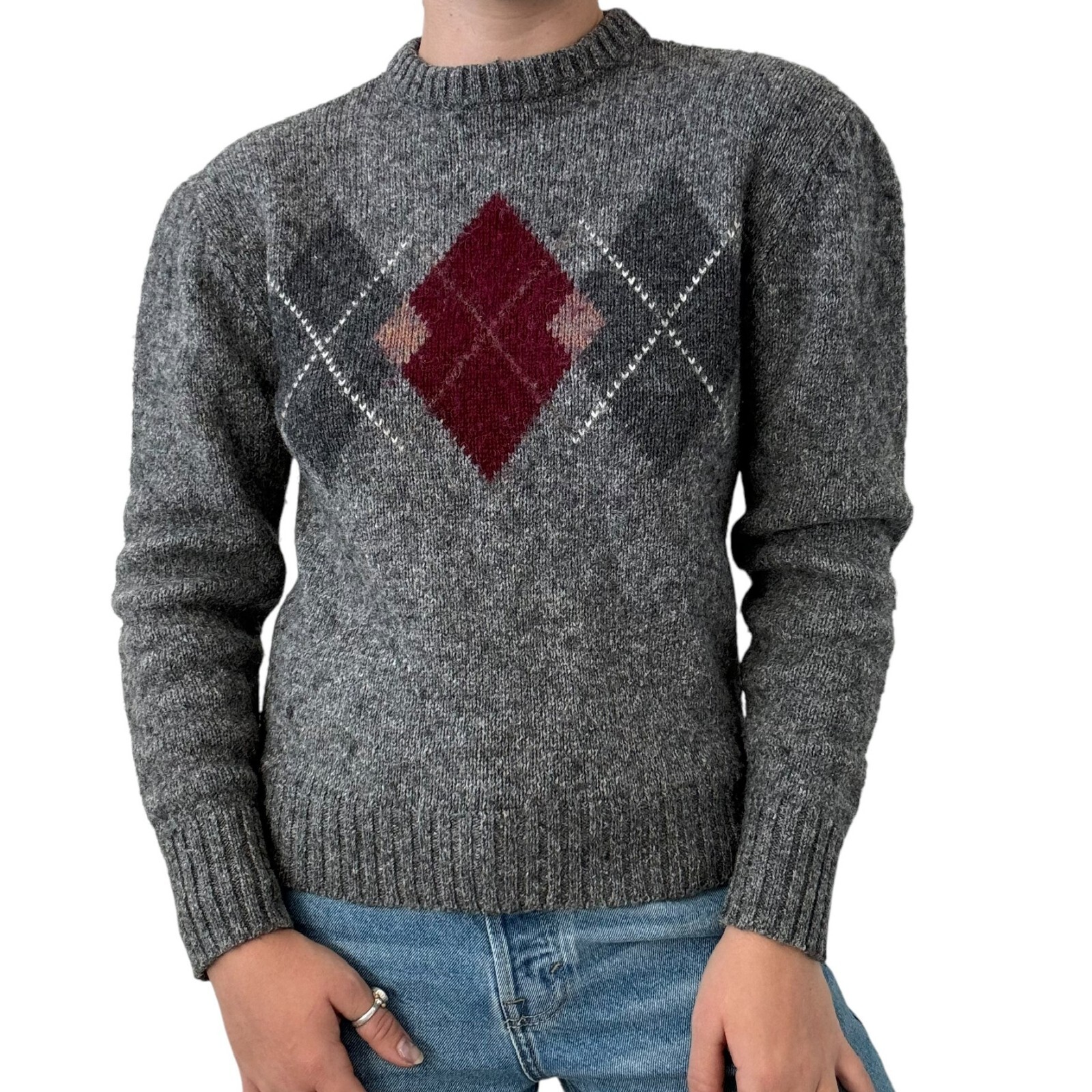 Vintage 1970s McGregor Gray Womens Argyle Preppy Wool Blend Sweater Sz M