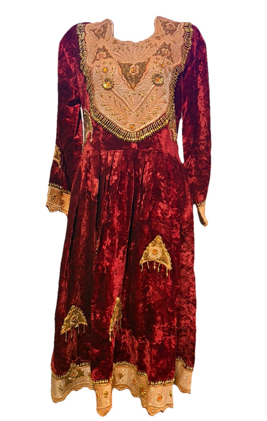Handmade Women’s Red Velvet Gown Embroidered Beaded 1960’s Vintage Regal Costume