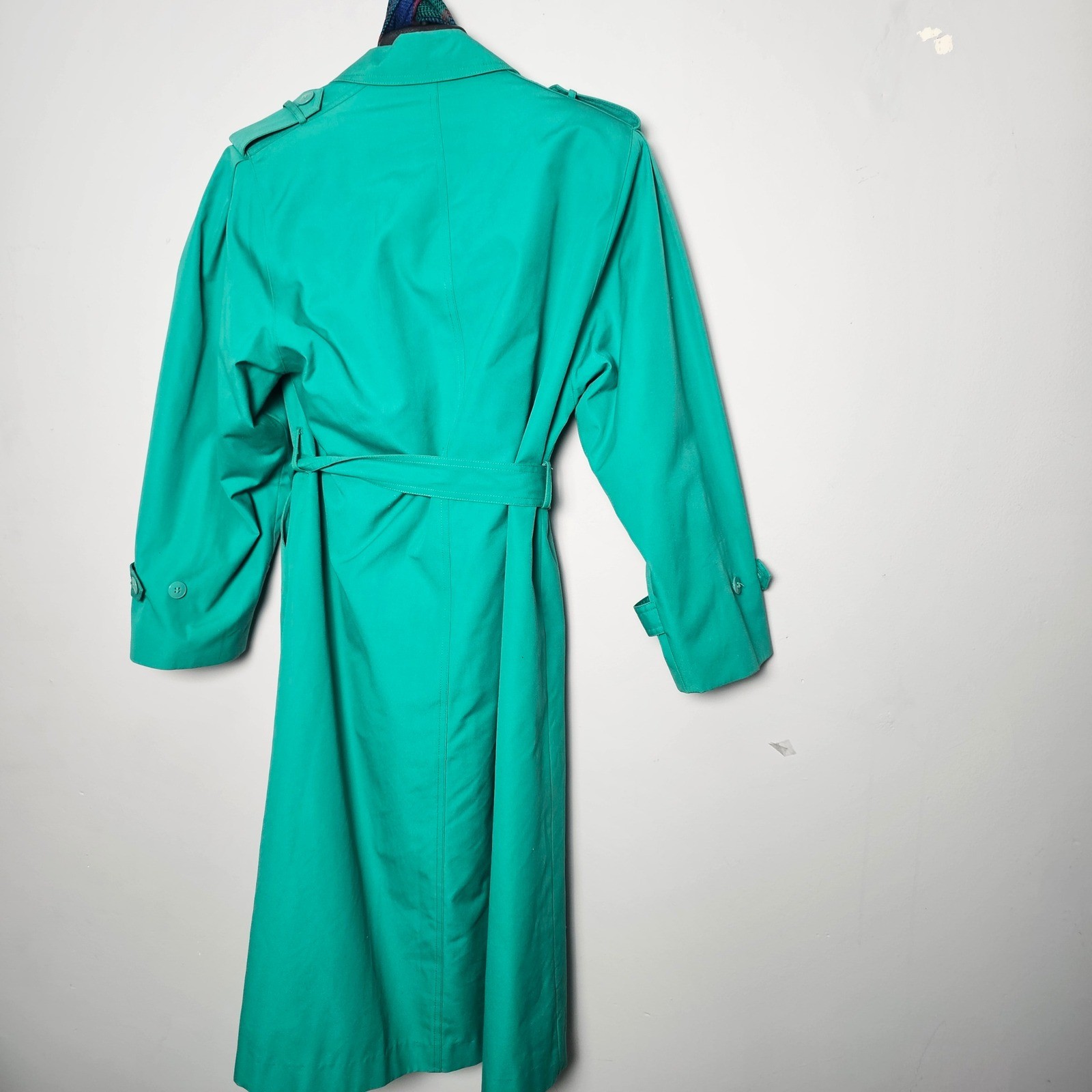 J. Gallery Womens Vintage Belted Trench Coat 9/10 Petite Teal Green Classic Prep