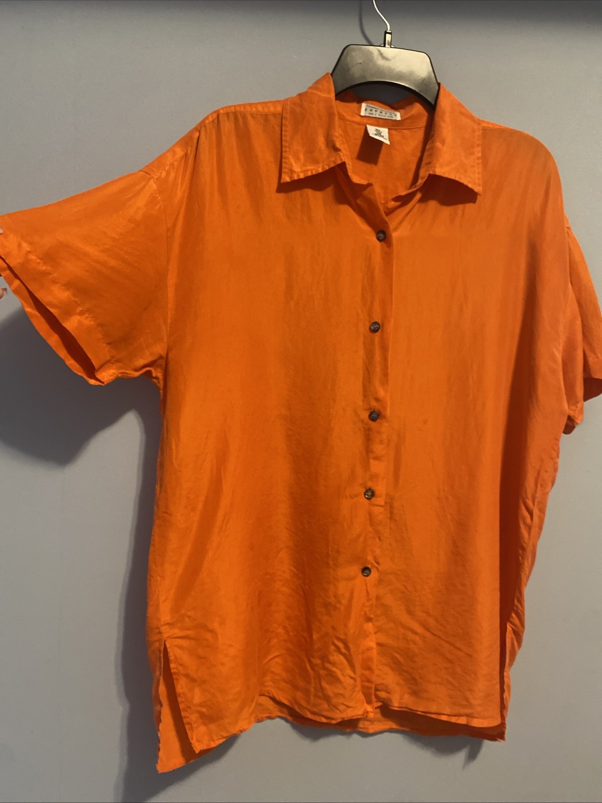 Vtg 100% Silk Blouse Orange Compagnie Internationale Express Boxy Button Up XS