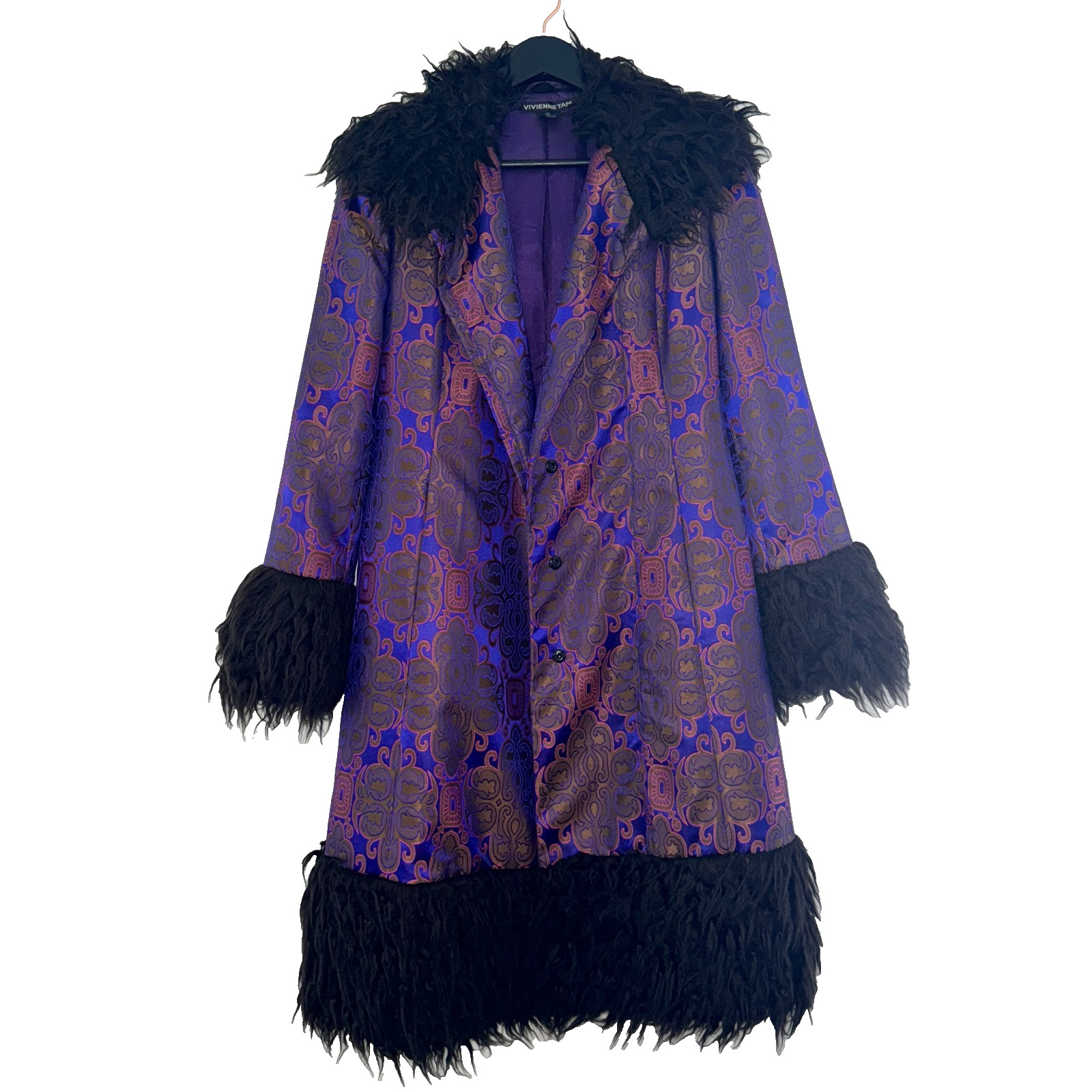 90s vtg VIVIENNE TAM Purple Gold IRIDESCENT Brocade Rave Penny Lane Fur Coat Y2K