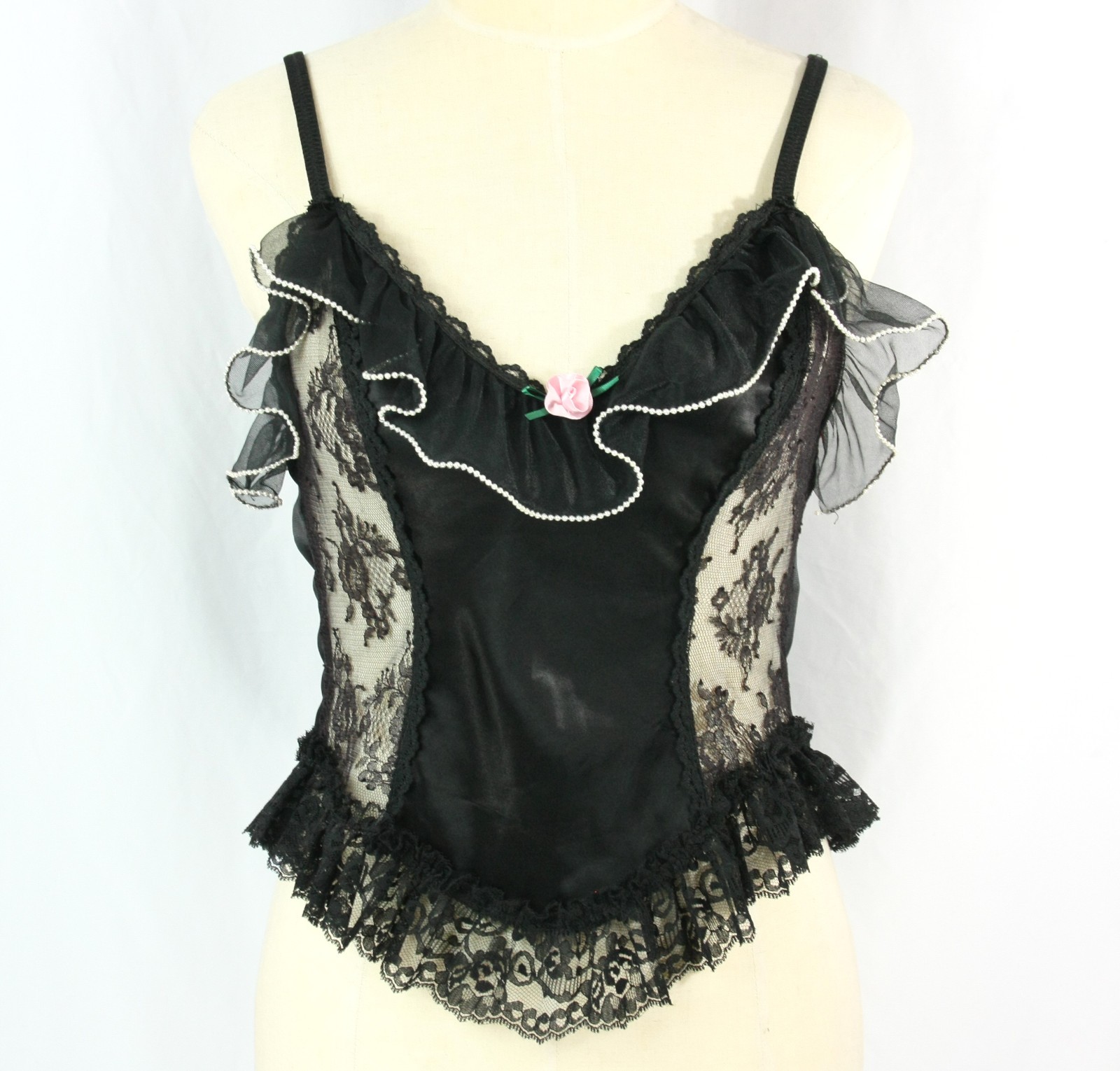 Vintage Sedu Beaded Sheer Black Lace Ruffles Satin Lingerie Teddy Camisole S