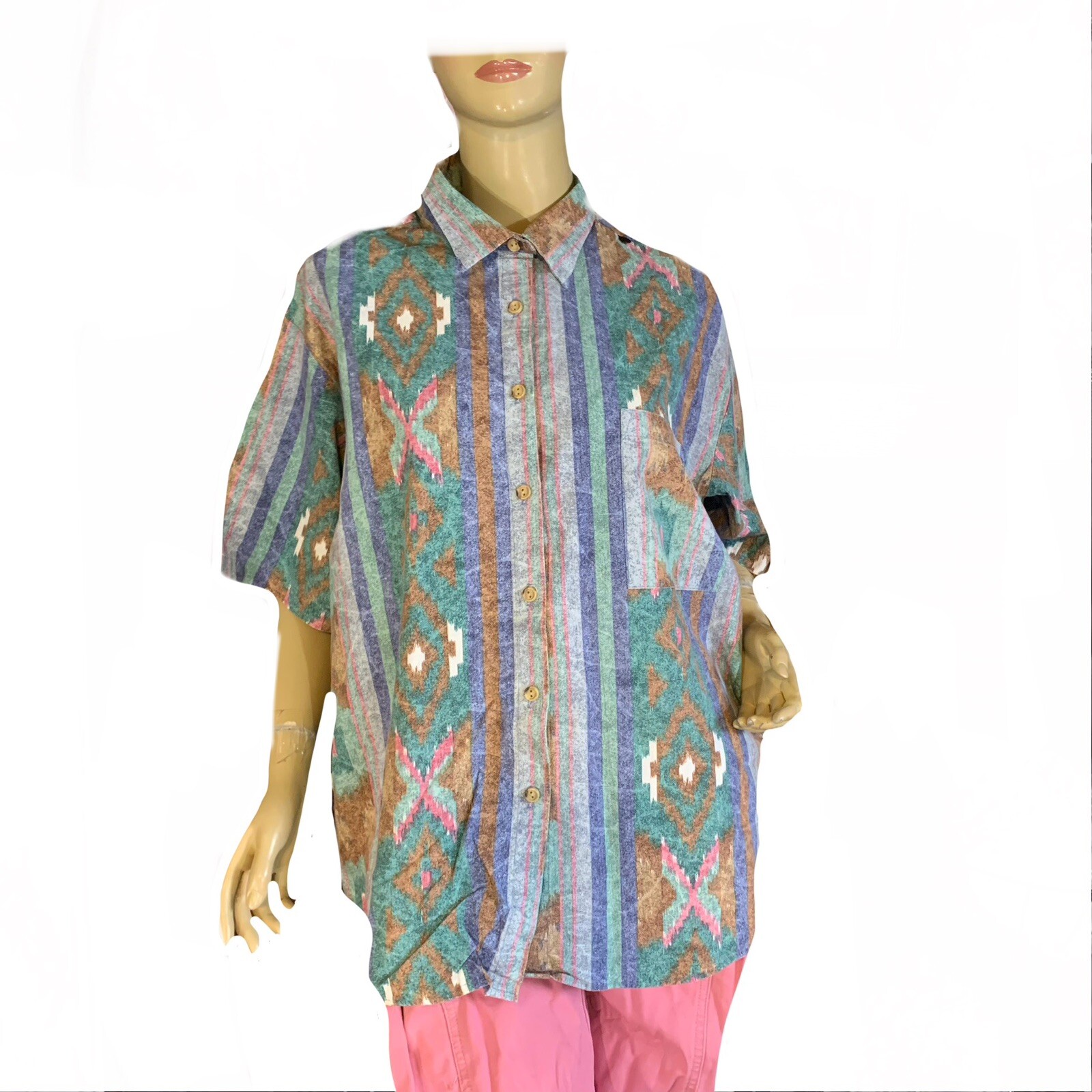 WOMEN S VINTAGE 1990’S HABAND FOR HER MULTI-COLOR COTTON BUTTON DOWN TOP SZ XXL