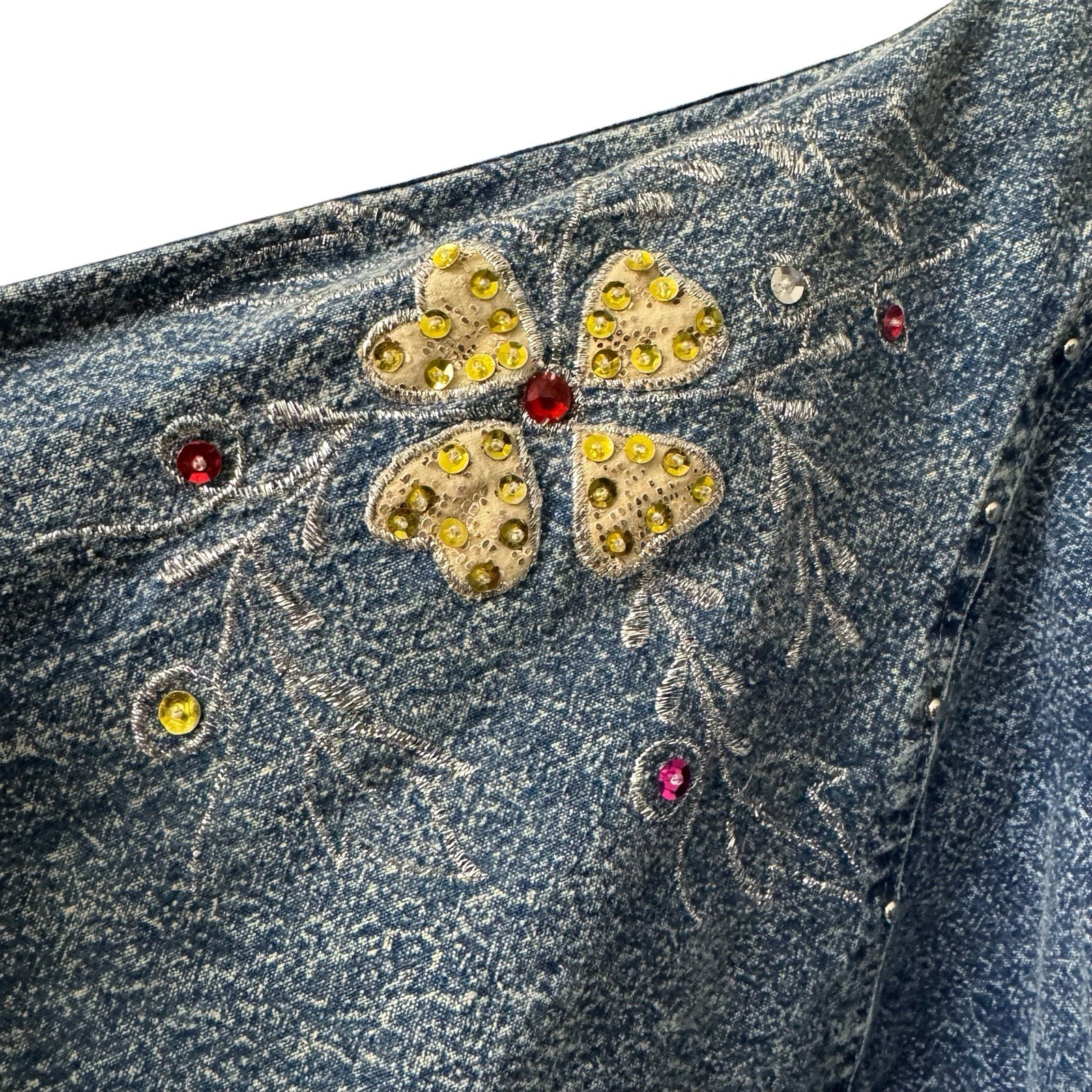 80s Denim Jacket Short Acid Wash Floral Embroidery Embellished Crop Sz M Vtg EUC