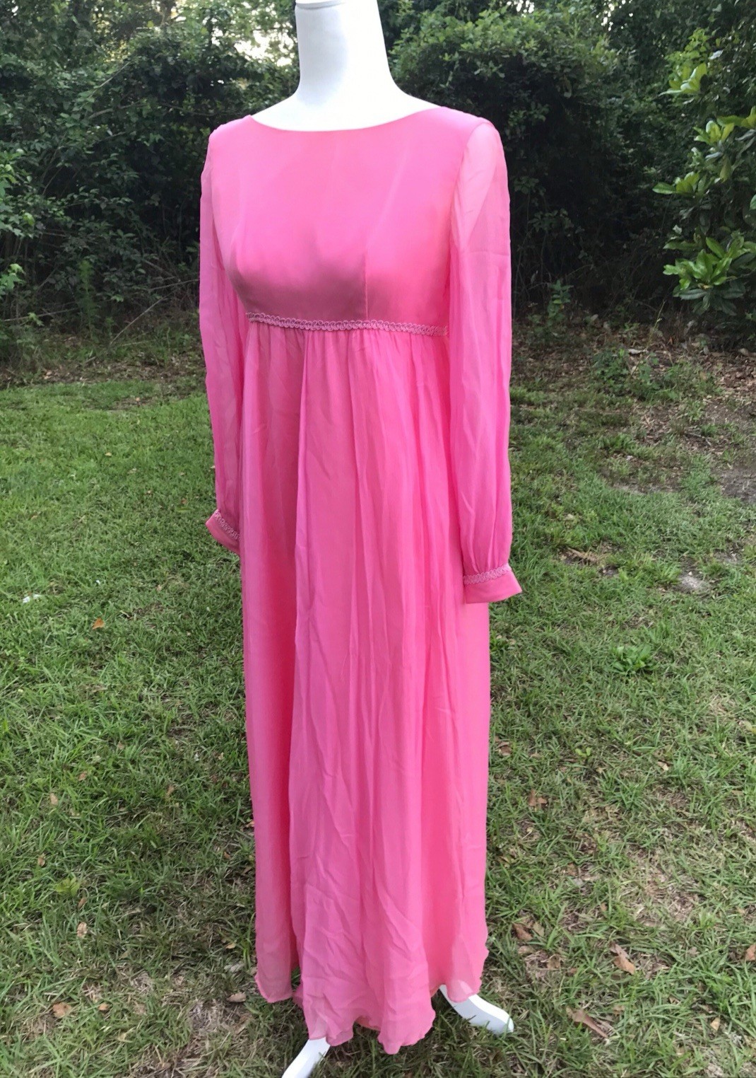 VTG Pink Gown by Lorrie Deb Sheer Sleeves. Empire Waist, Low Back w Bow Train