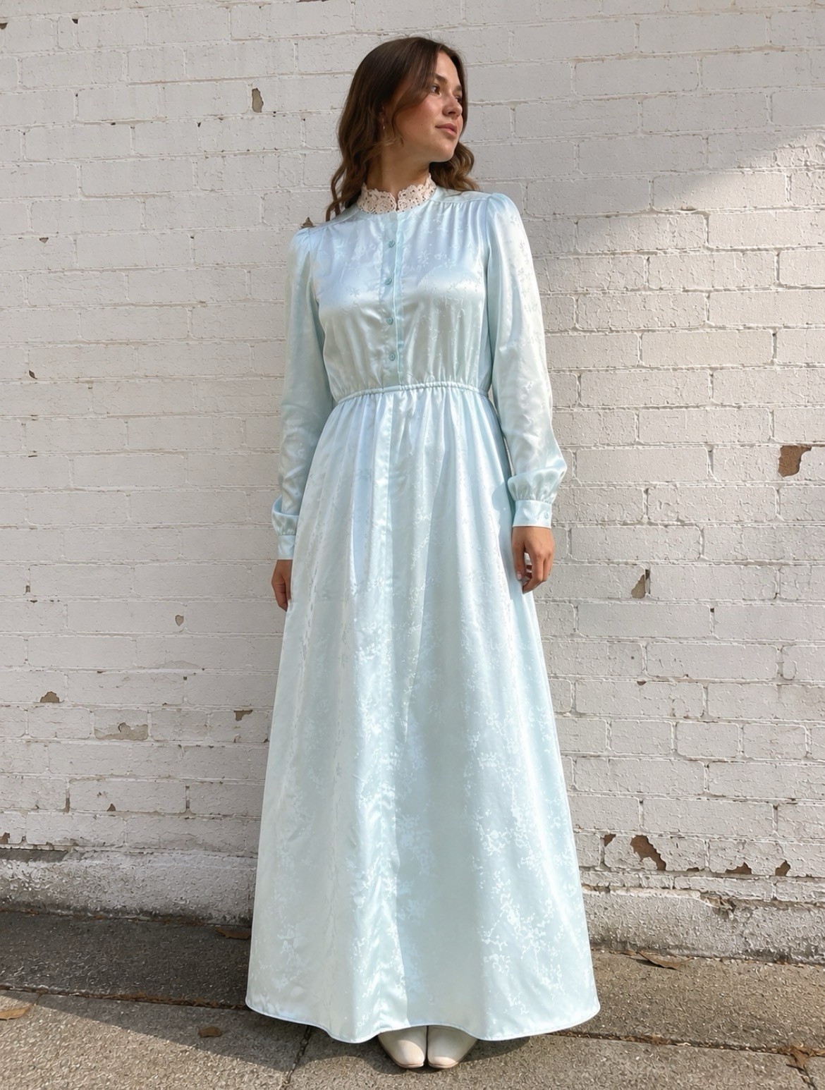 Vintage 60s Blue Satin Prom Maxi Dress Small Floral Modest Cottagecore Coquette