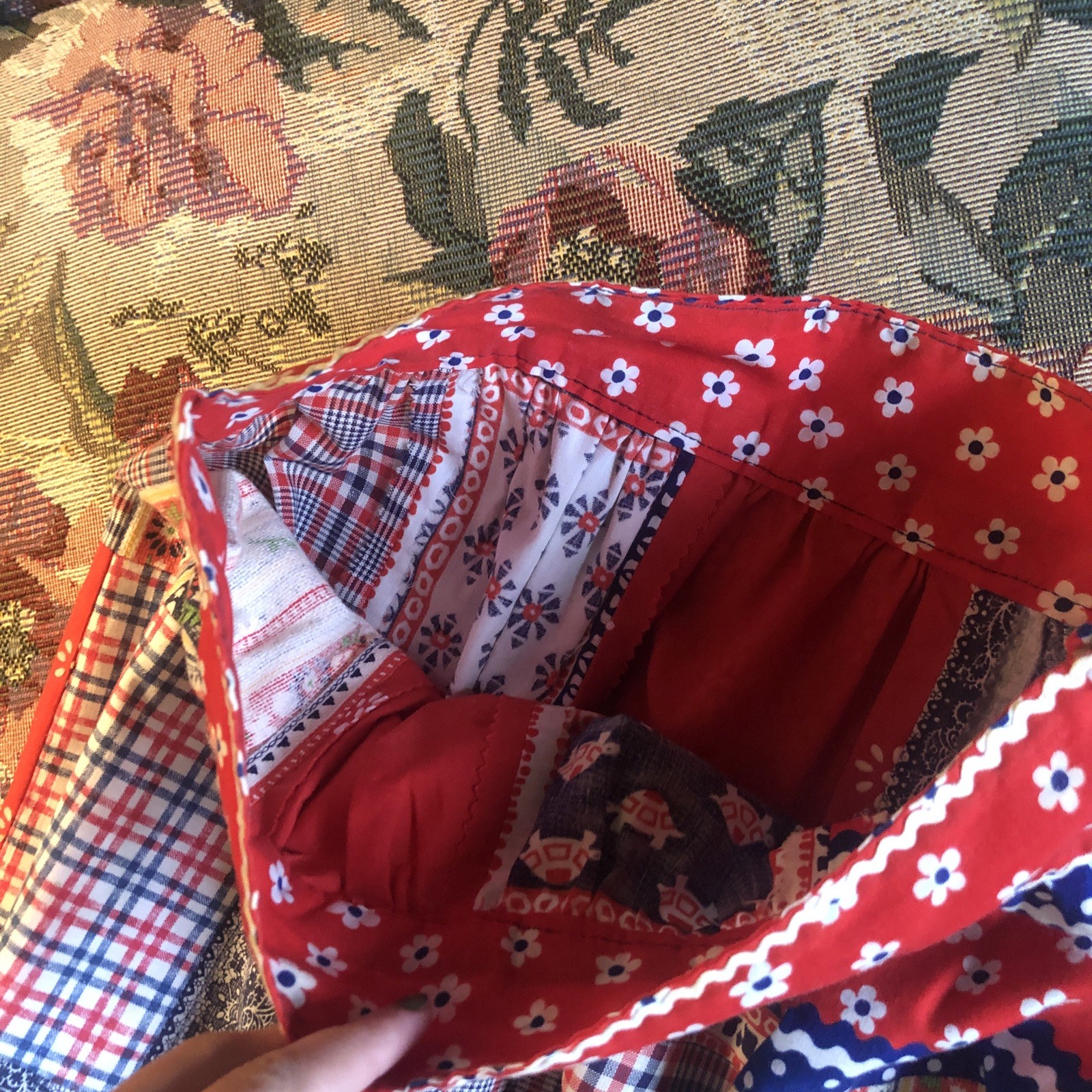 Vintage 70s Patchwork Maxi Skirt XS Red Boho Cottagecore Peasant Prairie