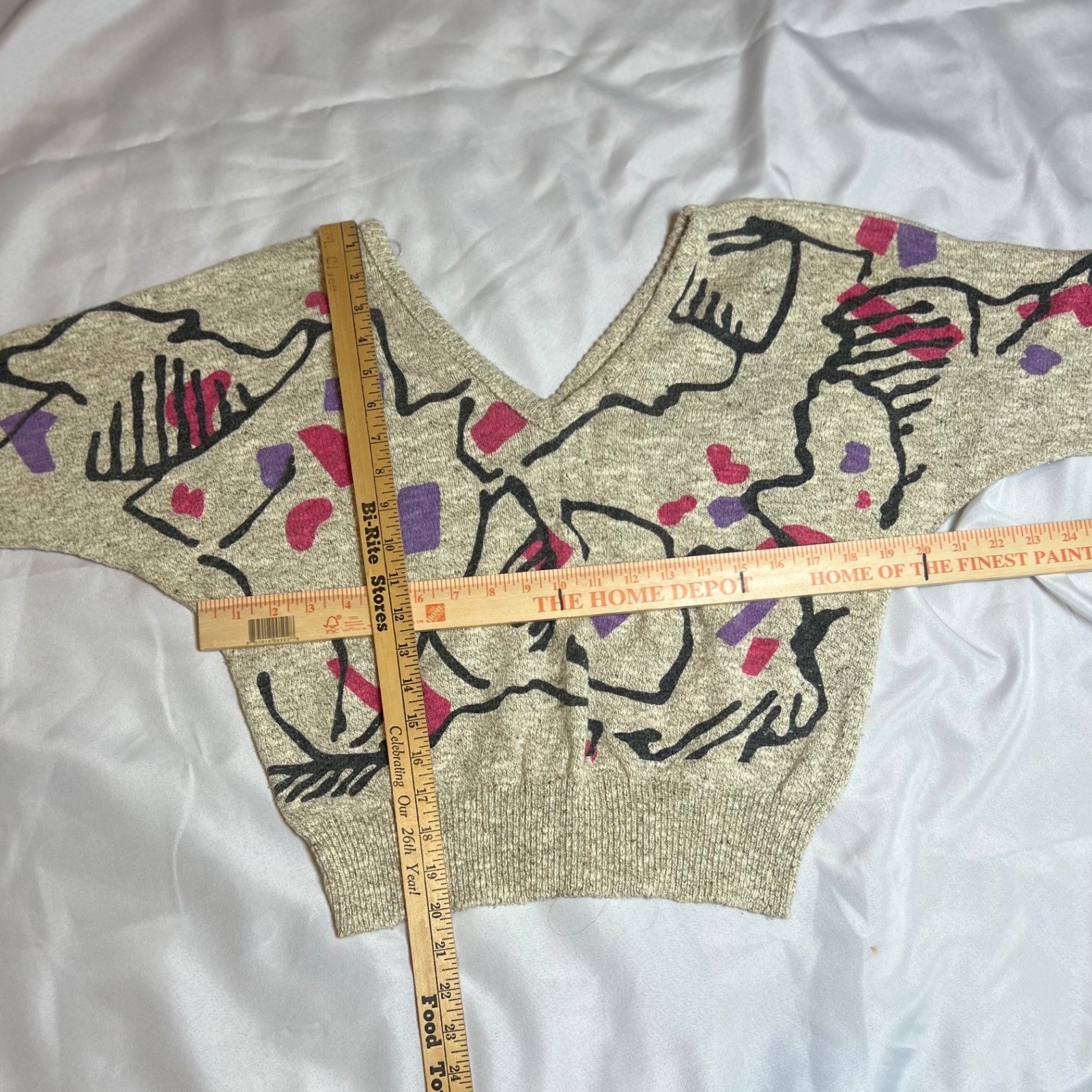 Vintage Beldoch Popper Abstract Knit Sweater V-Neck Batwing Oatmeal USA Made