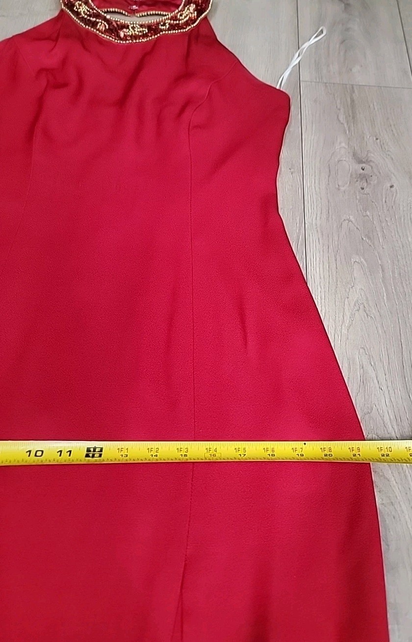 VTG 1980s Red Beaded Halter Evening Gown De Lara by Linda Bernell Maxi Dress