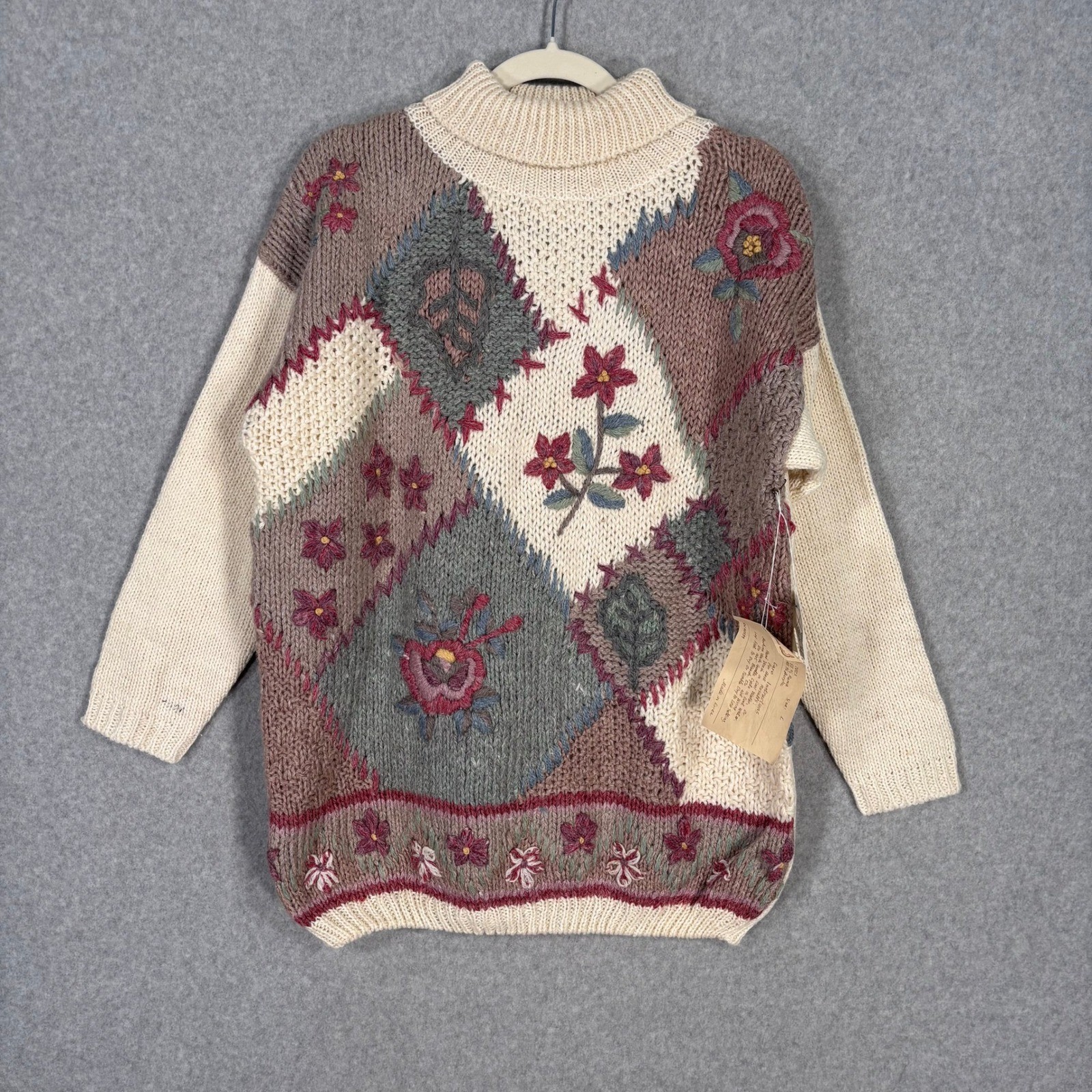 NEW Vintage 80s Erika Hand Knit Patchwork Sweater Large Chunky Country Cottage