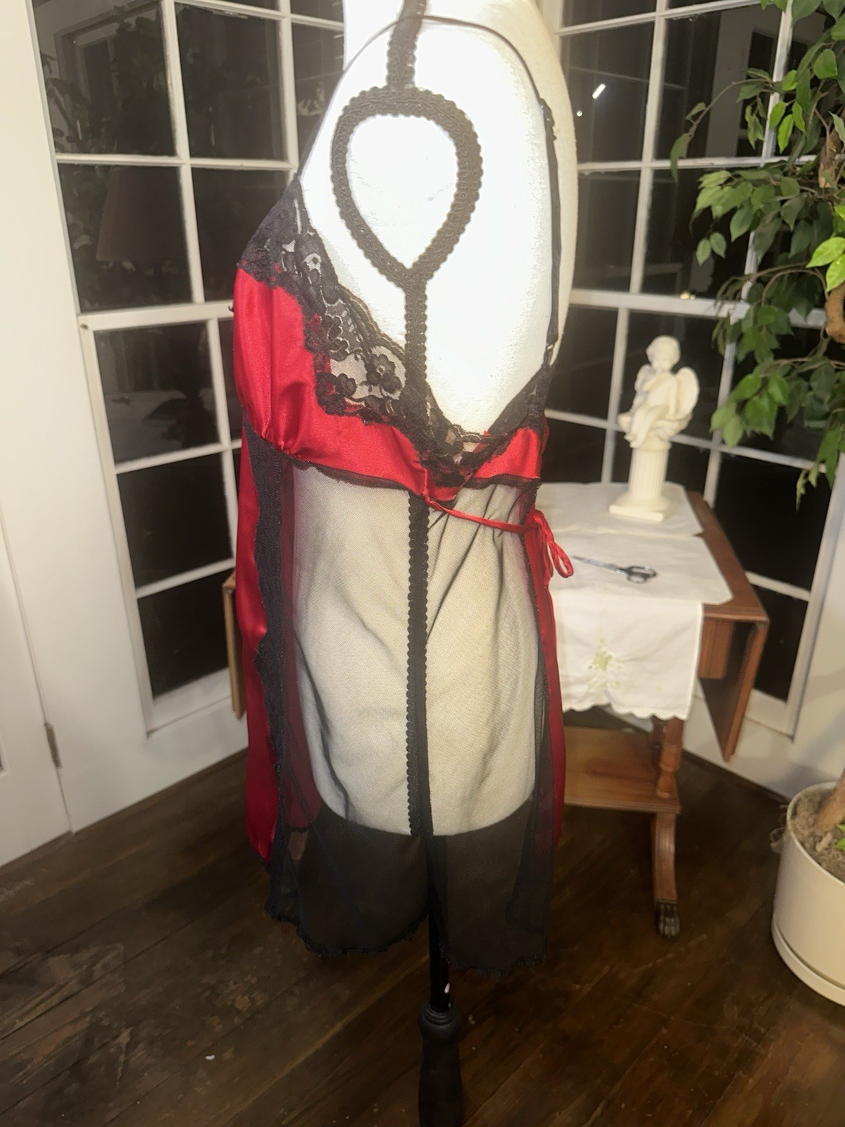 Vintage 90s Red Black Lace Babydoll Chemise Lingerie Sheer Cutout Negligee Large