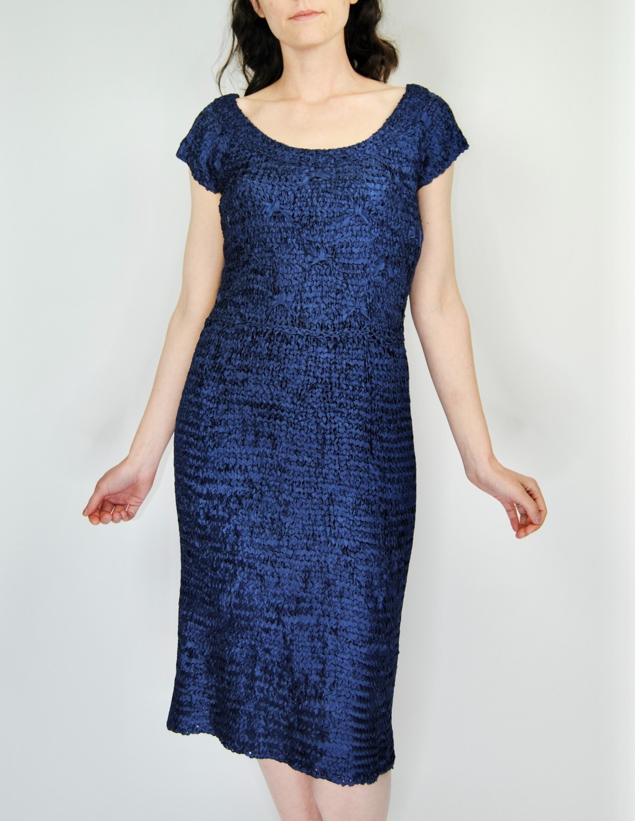 1940s Vintage Bea Magnus Navy Blue Ribbon Knit Dress and Sweater Set – S/M