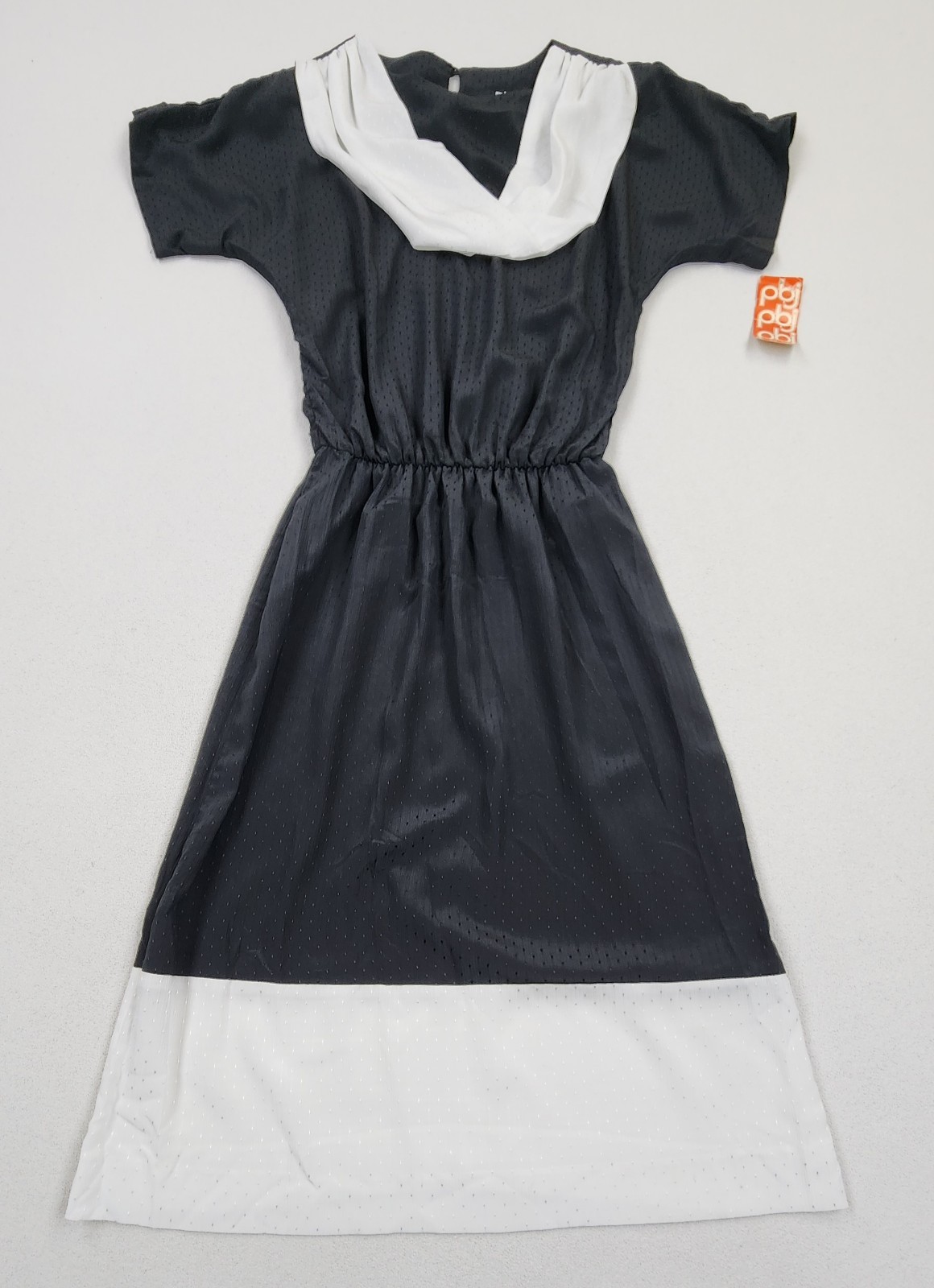 1970 80s PBJ Dress Royal Black White Colorblock Drape Neck Mod Secretary Geek
