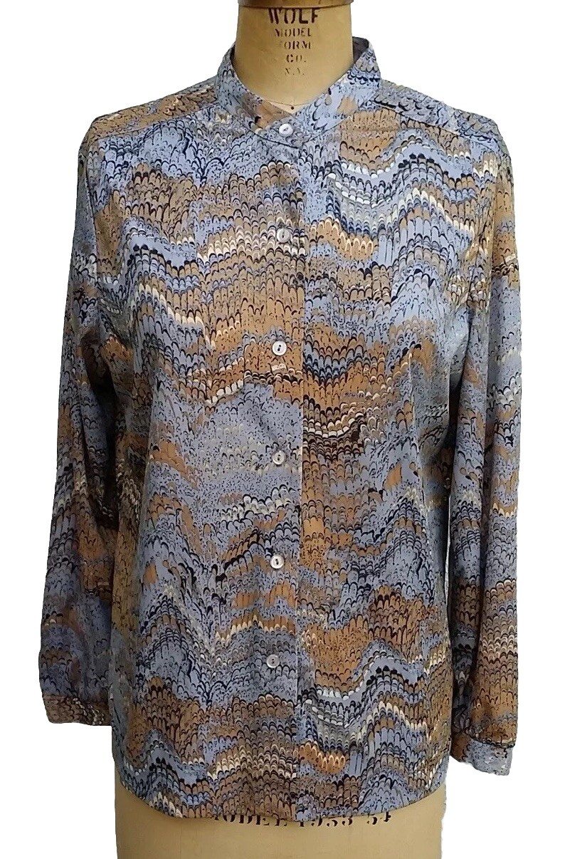Vintage 1970s Marbleized Print Tunic LS Blouse Mandarin Band Collar Alex Colman