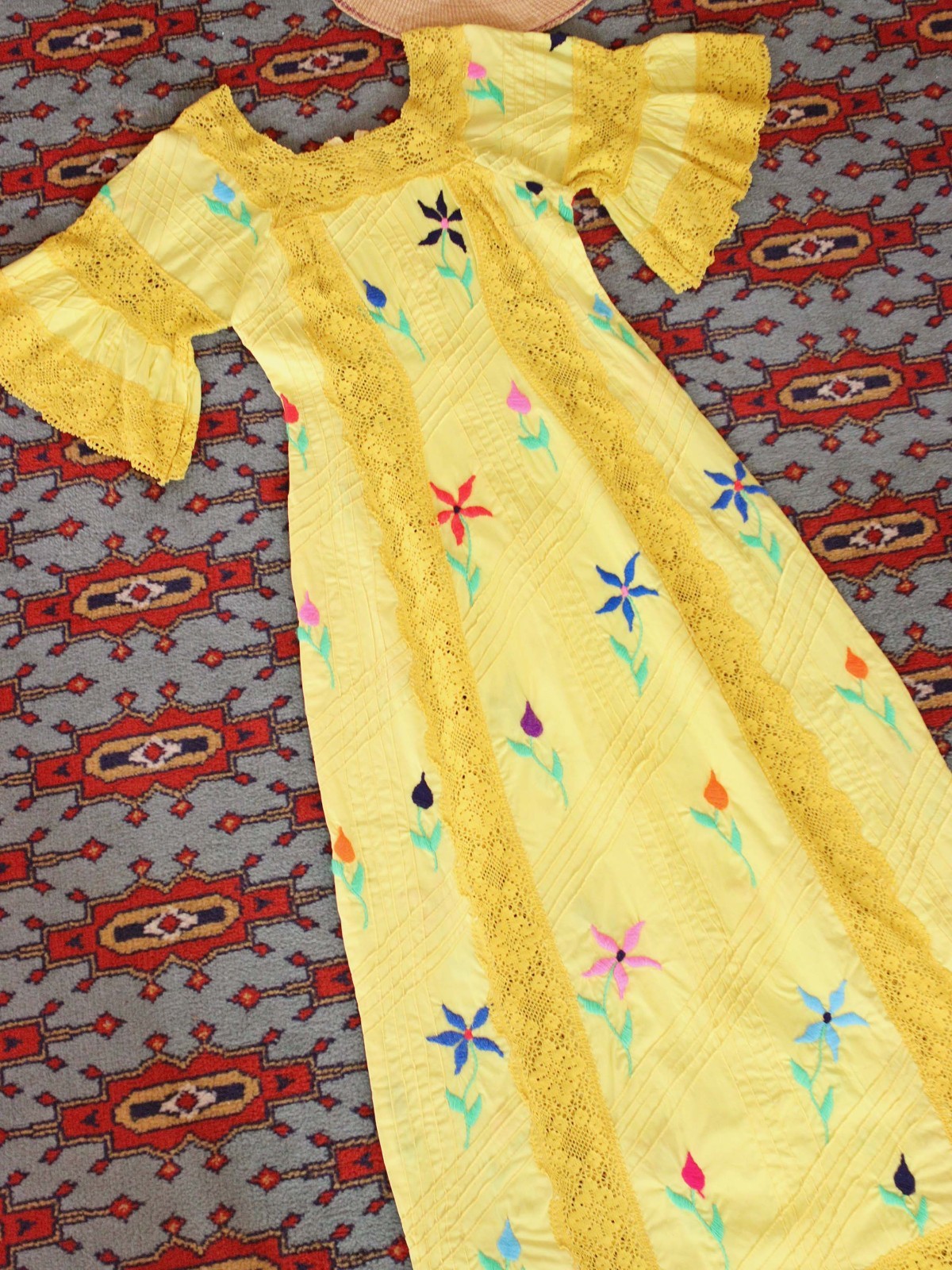 VTG Mexican Yellow Cotton Crochet Lace Maxi Dress Hand Embroidered Bell Sleeve