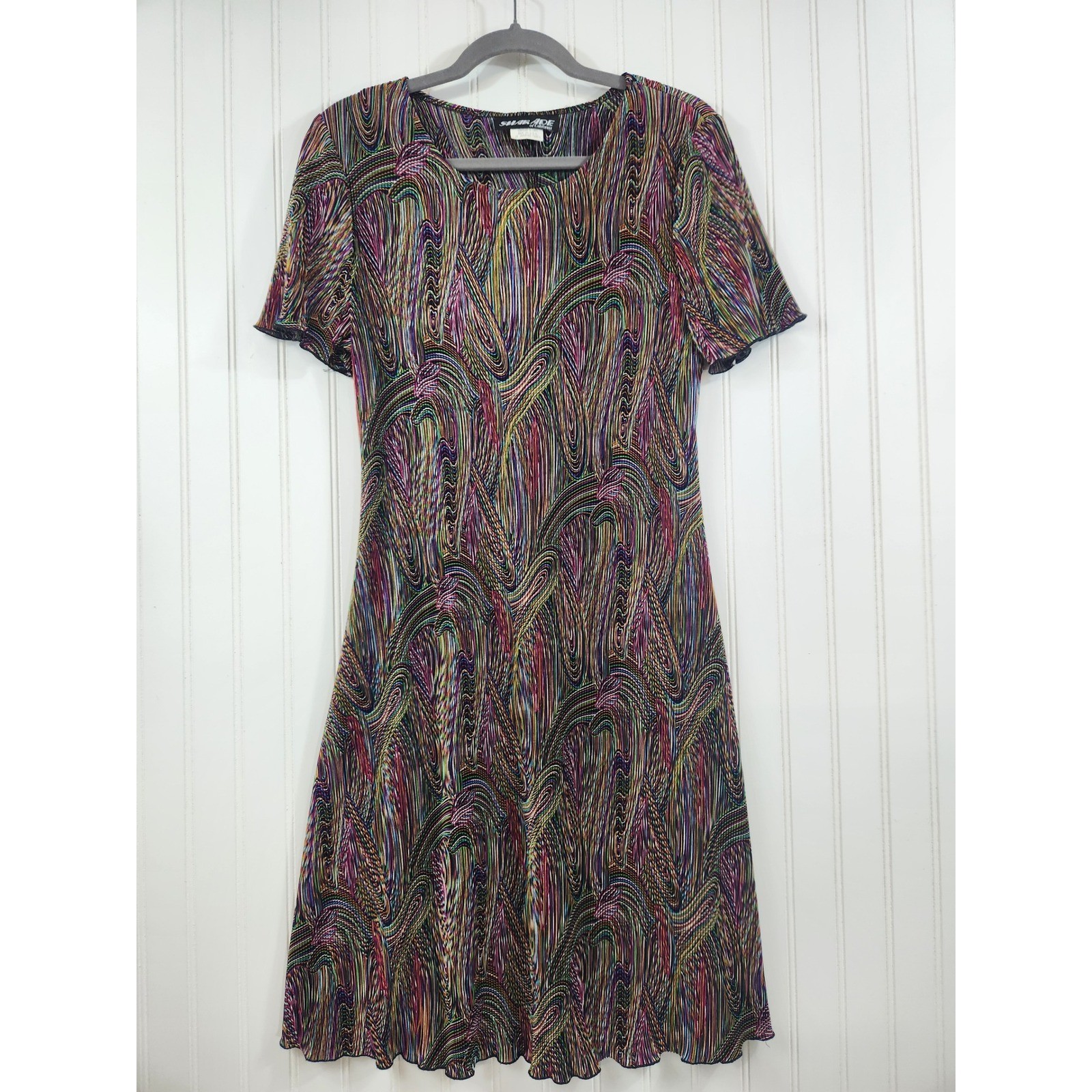 Vintage Sharade of CA Psychedelic Swirl Ribbed Midi Dress 14P Multicolor Sheer