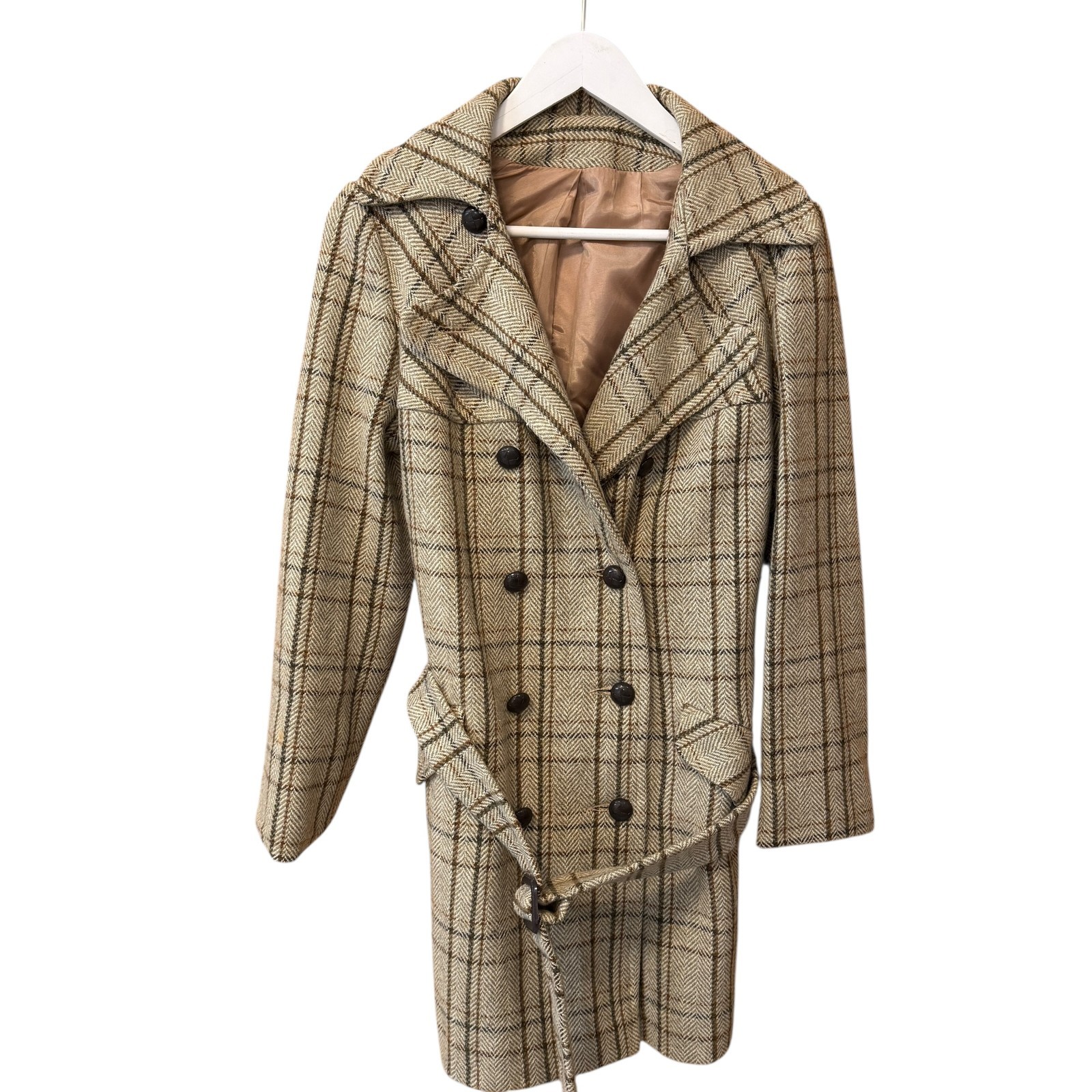 Vintage 70s Tweed ILGWU Neutral Belted Peacoat and Skirt Set Women’s size S