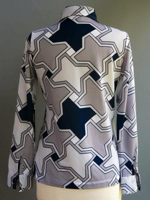 VTG 70s Disco Poly Dress Shirt Mod Hippie Geometric Graphic Gray Blue S M