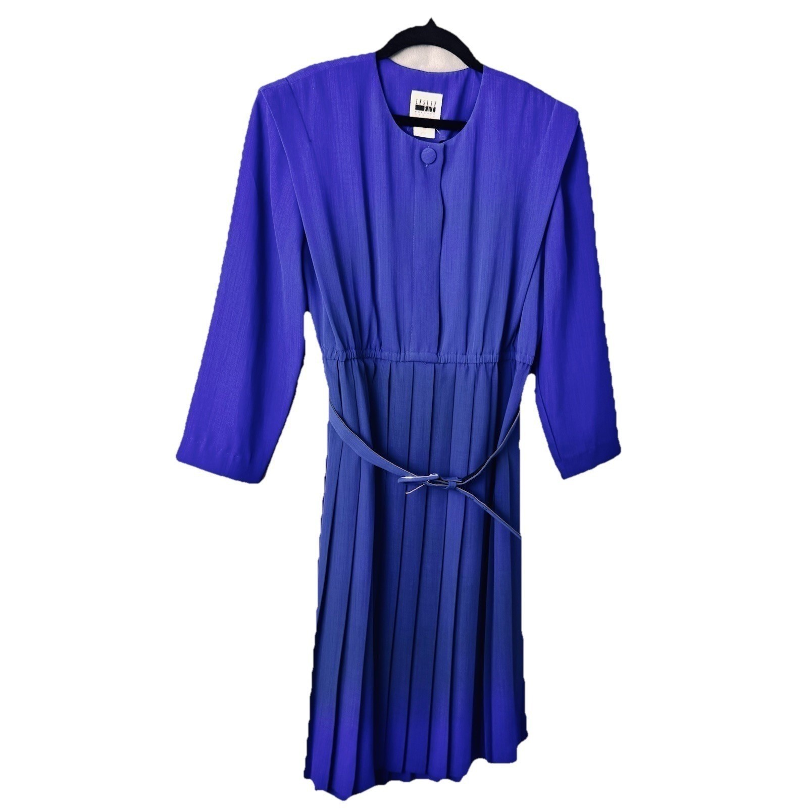 Leslie Fay Pleated Dress Women 12P Blue Vintage 80s Belted Midi Career