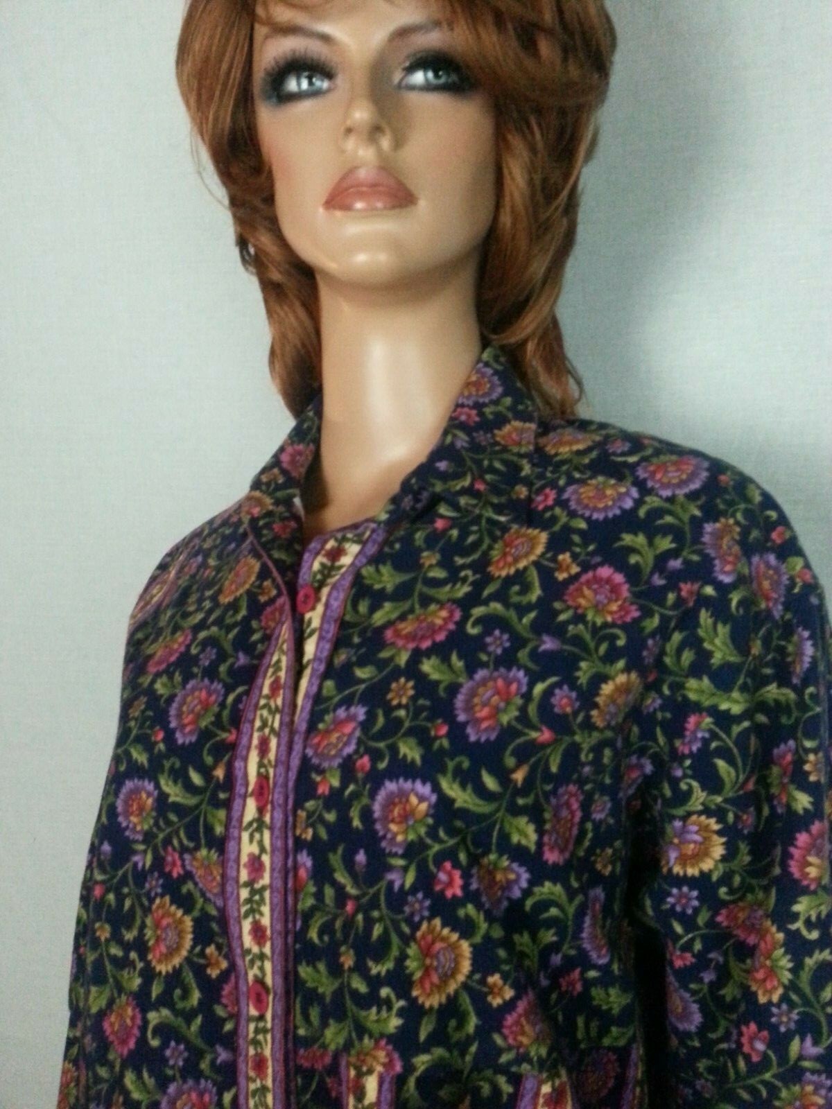 Vtg 70 80s Hand Made Blouse Top Button Down Blue Floral Long Sleeve Hippie L