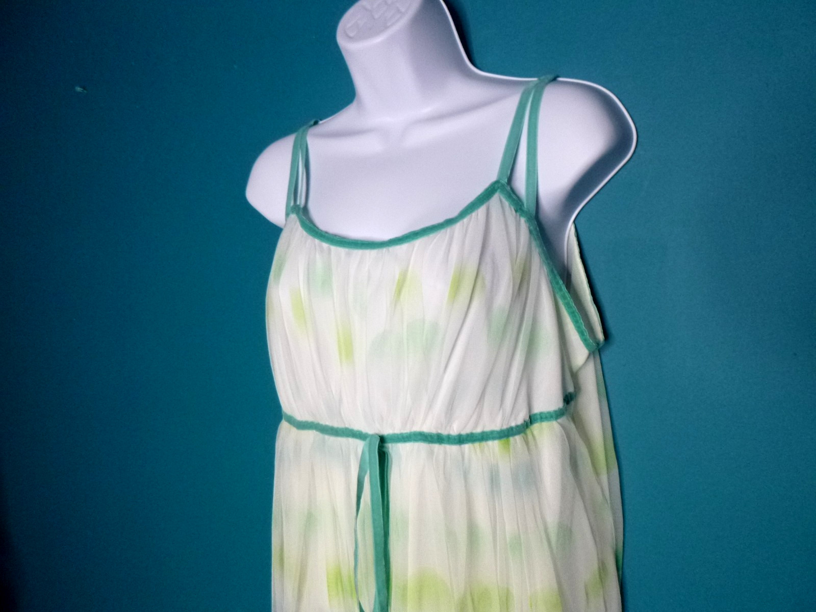 Vtg 50s Charmode Double Layer Chiffon Nylon Nightgown White Green Blue Dots S/M