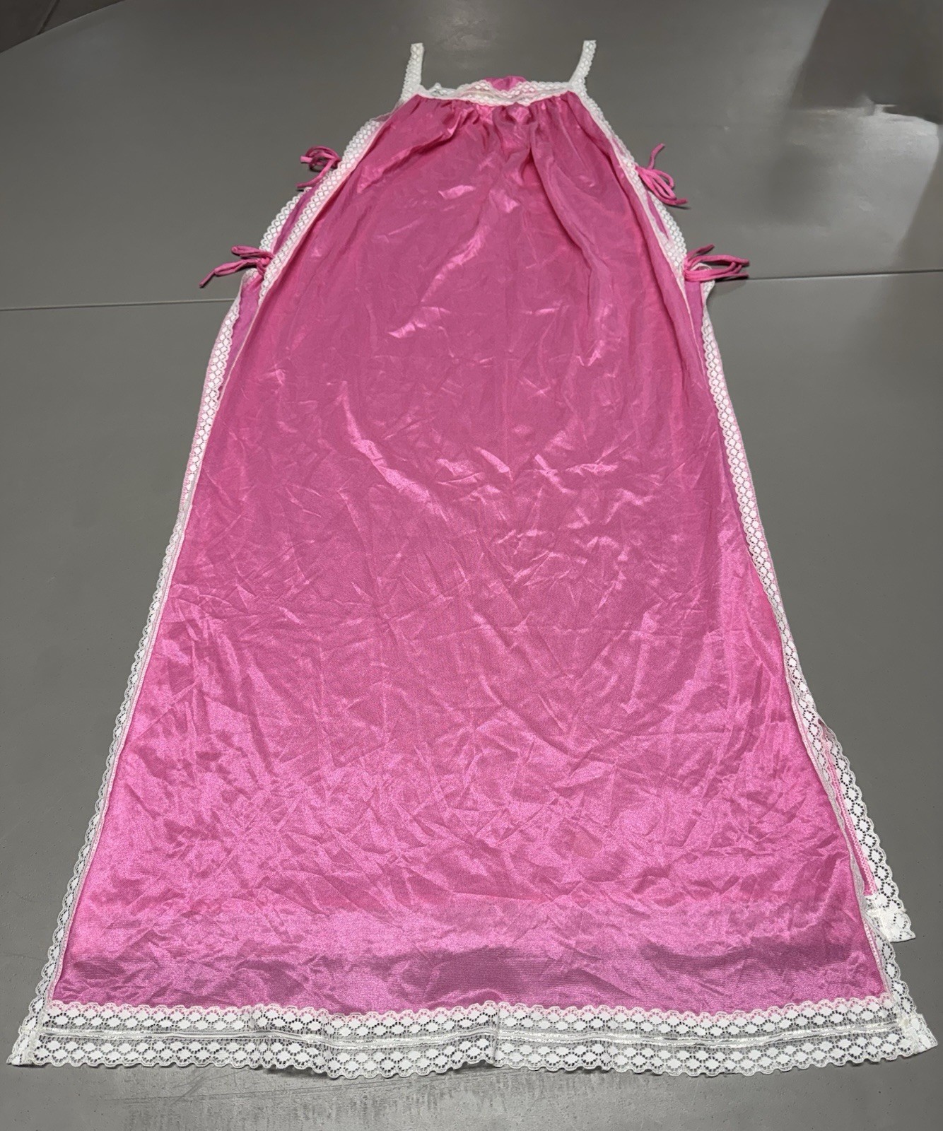 Vtg Hot Pink Nylon Lace Long Open Sides With Ties Nightgown Sz M Fairy Princess