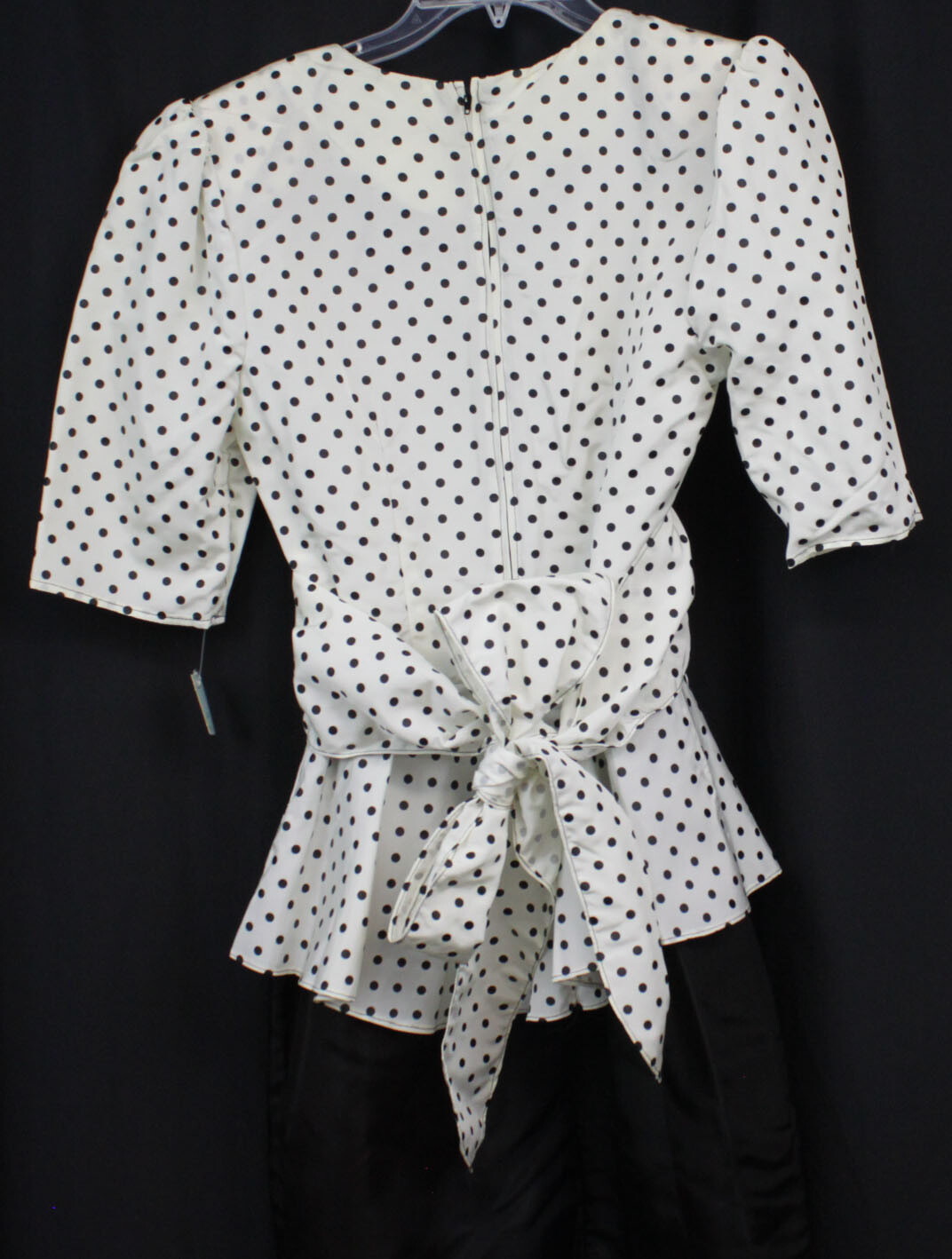 Vtg Diamond’s Run Dress 80s Retro Polka Dots Peplum Pouf Slv Black Wht NOS 11/12