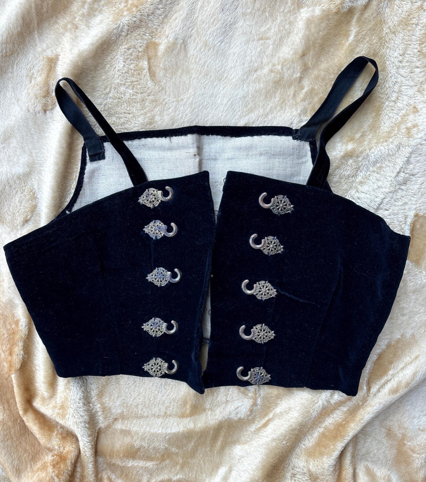 Antique 1890s 1900s Black Velvet Folk Corset Medium Large Cropped
