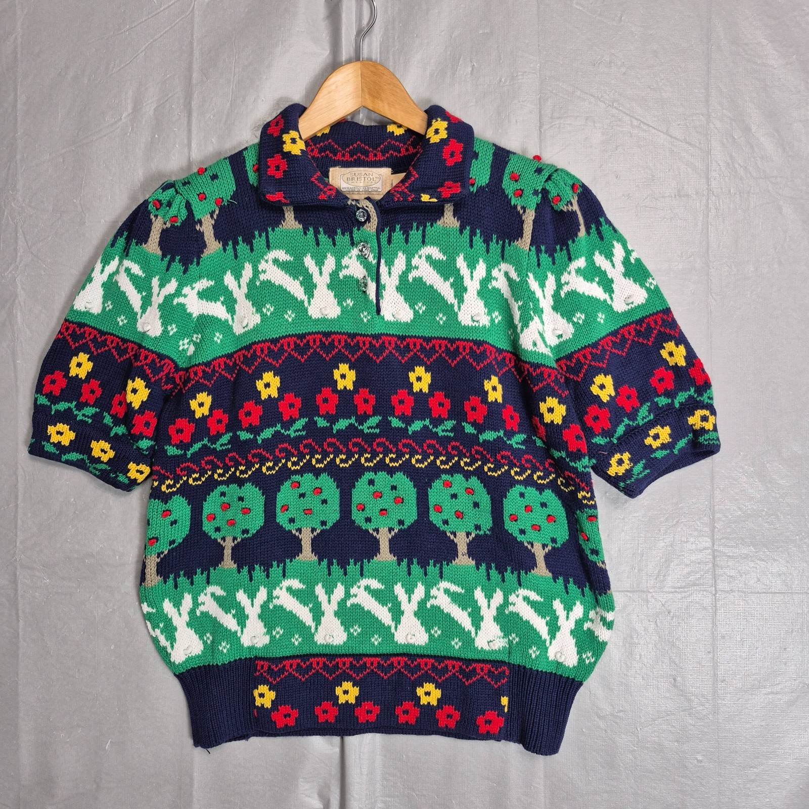 Vtg 1986 Susan Bristol Sweater Small Grandmacore Bunnies Rabbits Apples – 0689