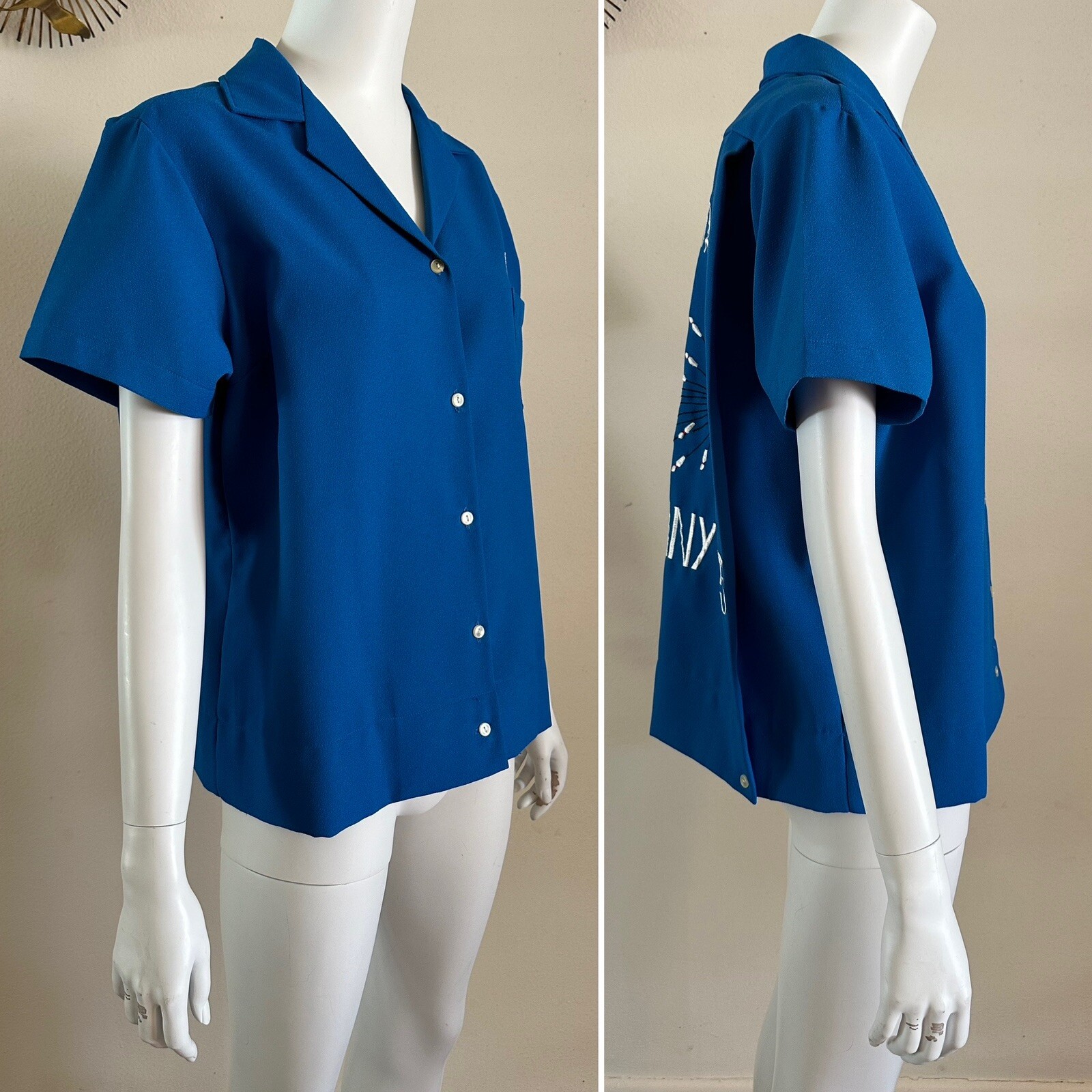 1970s USAF Germany Embroidered Womens Bowling Party Souvenir Shirt Blouse Vtg
