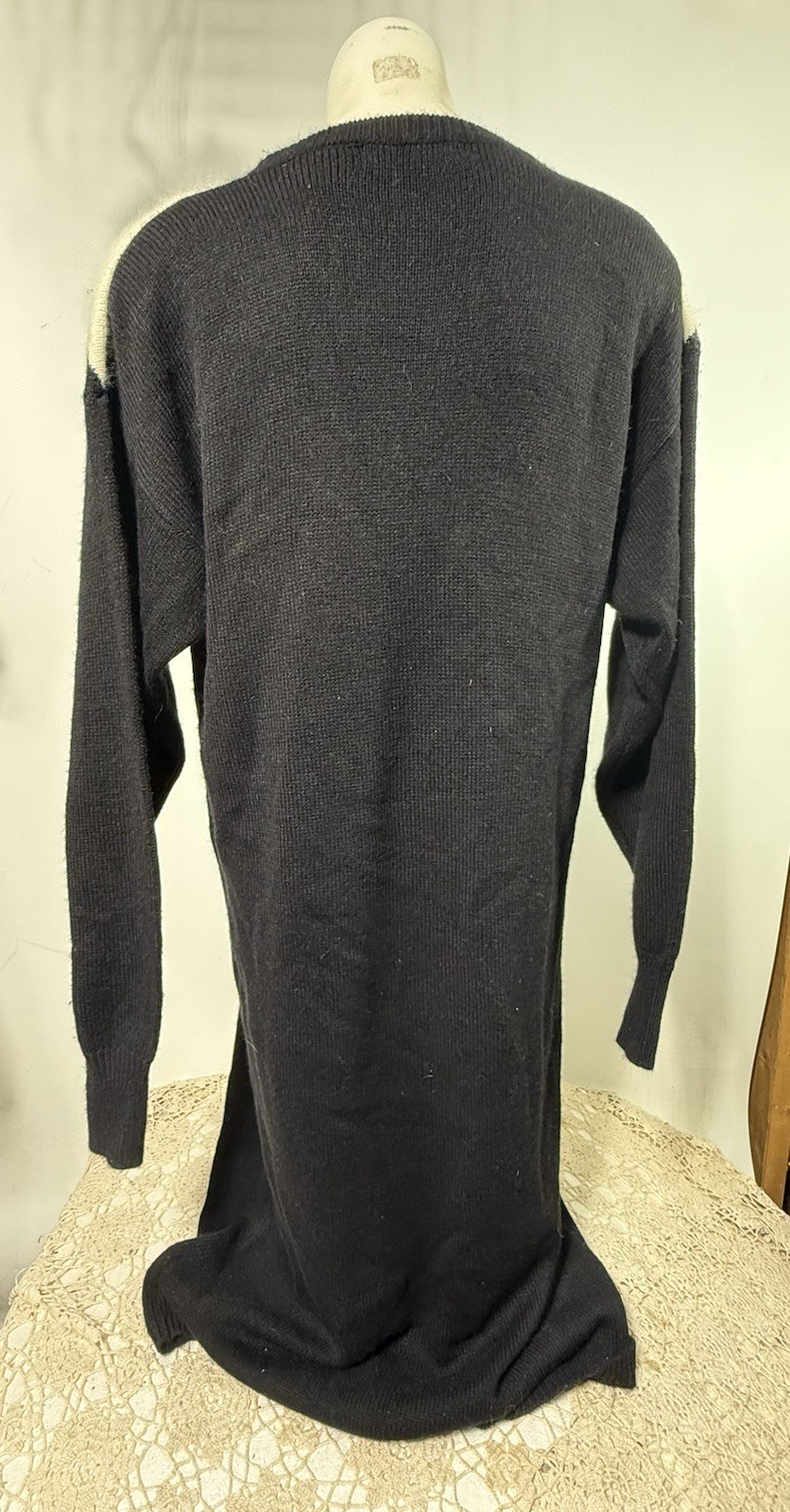 Vintage 80s Yarnworks Geometric Sweater Dress Black Cream Shoulder Pads L Career